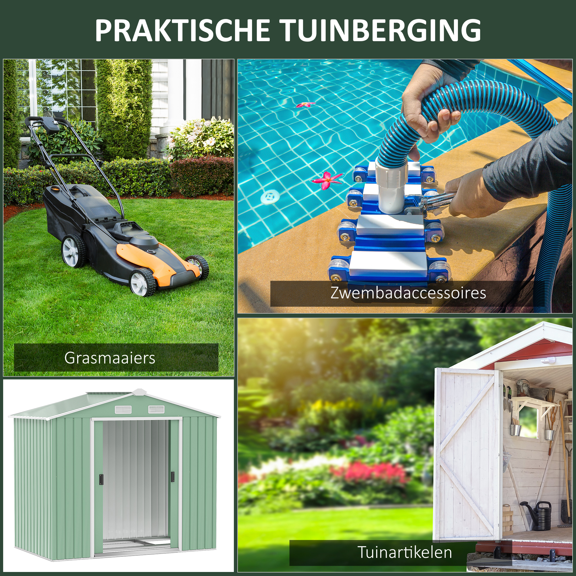 Outsunny gereedschapsschuur, tuinhuisje, met schuifdeuren, fundering, weerbestendig, staal, groen, 213 x 130 x 185 cm