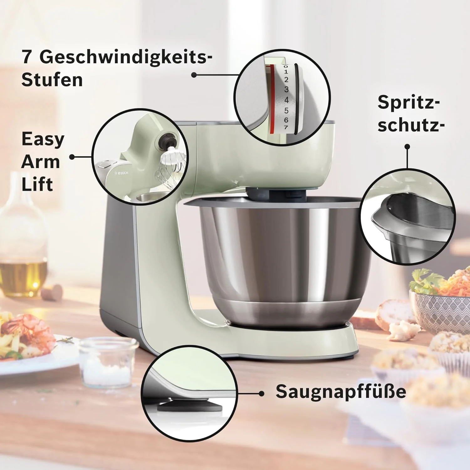 Bosch Küchenmaschine Serie 4 MUM58720,Edelstahl-Schüssel 3,9 L, Mixer 1,25 L, Planetenrührwerk,Knethaken,Schlag,Rührbesen, Durchlaufschnitzler, 3 Scheiben, 1000 W, Dunkelrot/Silber