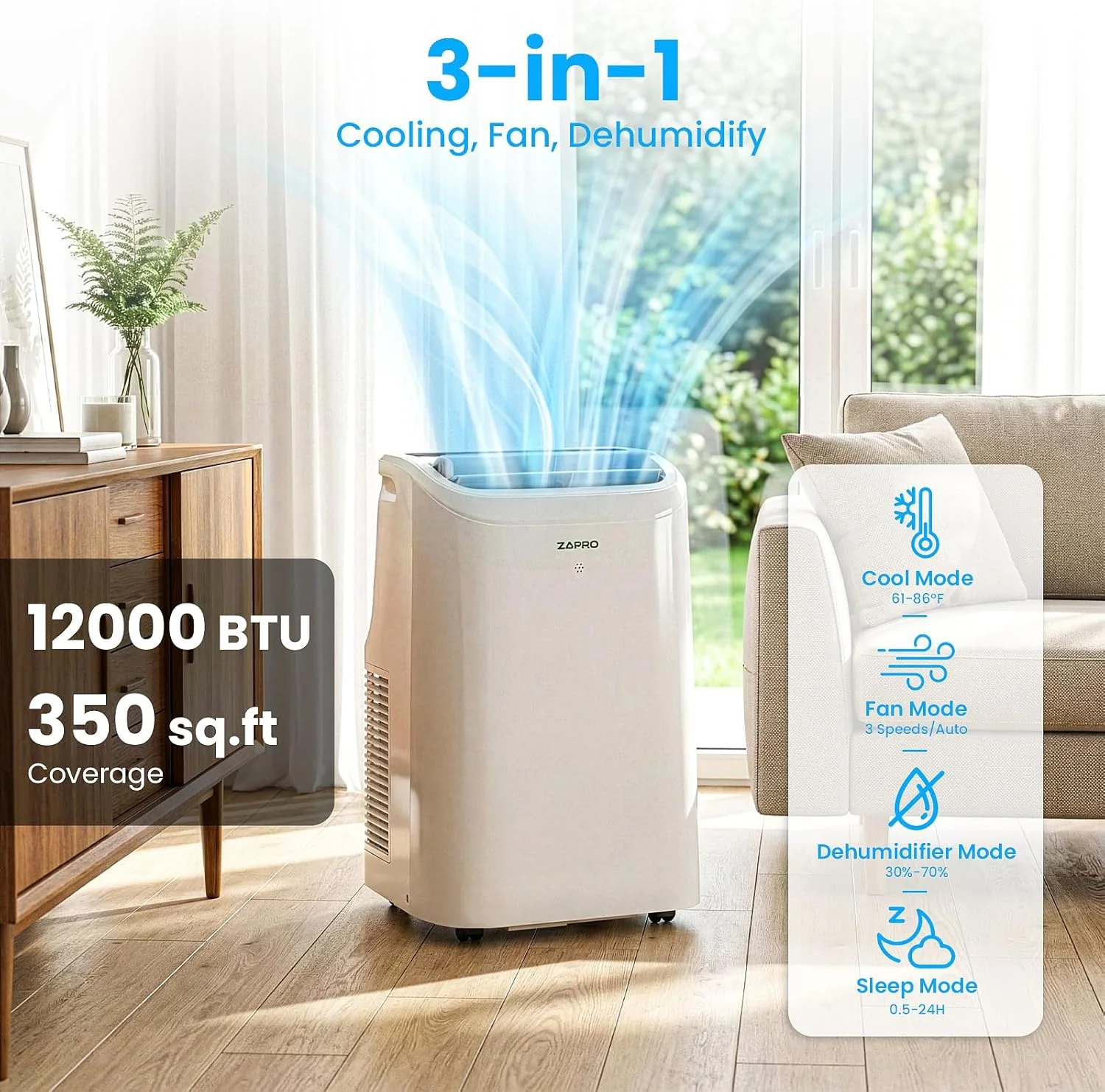 ZAFRO – hordozható légkondicionáló, 12000 BTU (8000 BTU SACC), hordozható AC vízelvezető hűtéssel, ventilátorral és párátlanítóval, intelligens AC egység alkalmazással/távirányítóval