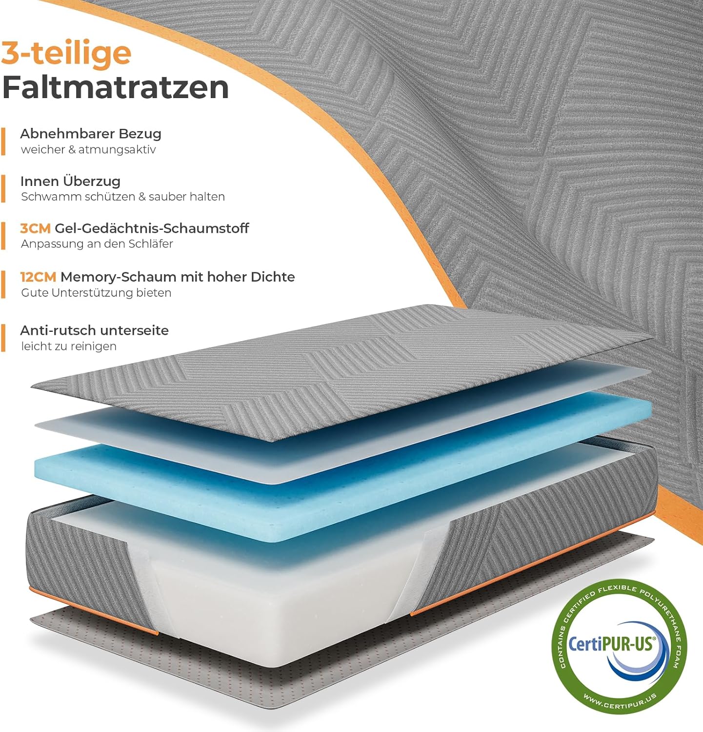 Vesgantti Klappmatratze Gästematratze 100x200cm, Höhe 15cm, 3-teilige Gel Schaumstoff Faltmatratze für Reisen, Camping, Boden, Gästebett, waschbarem Bezug Faltbare Matratze Öko-Tex Zertifiziert