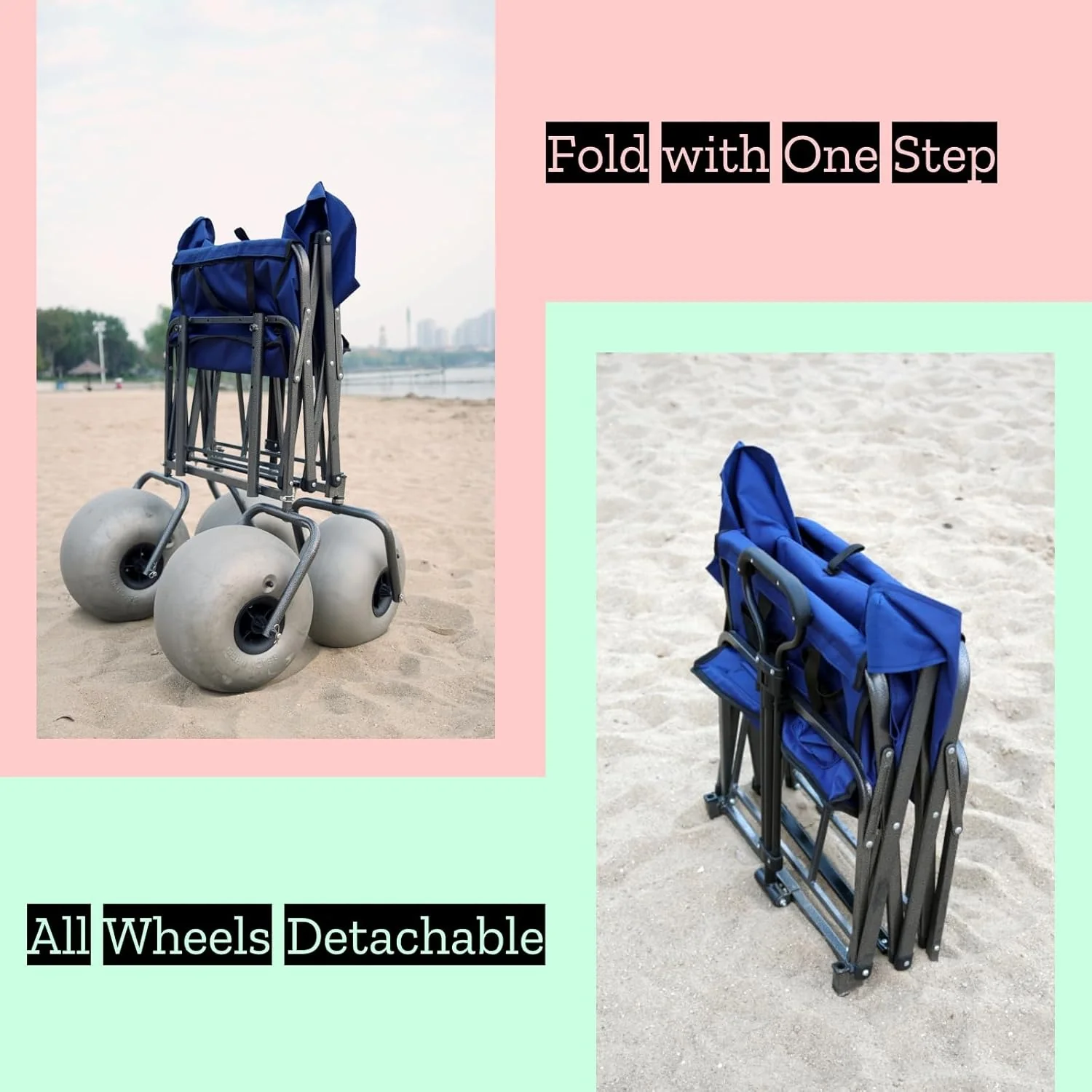 Beach cart with 13-inch balloon wheels, chair brackets and pump included