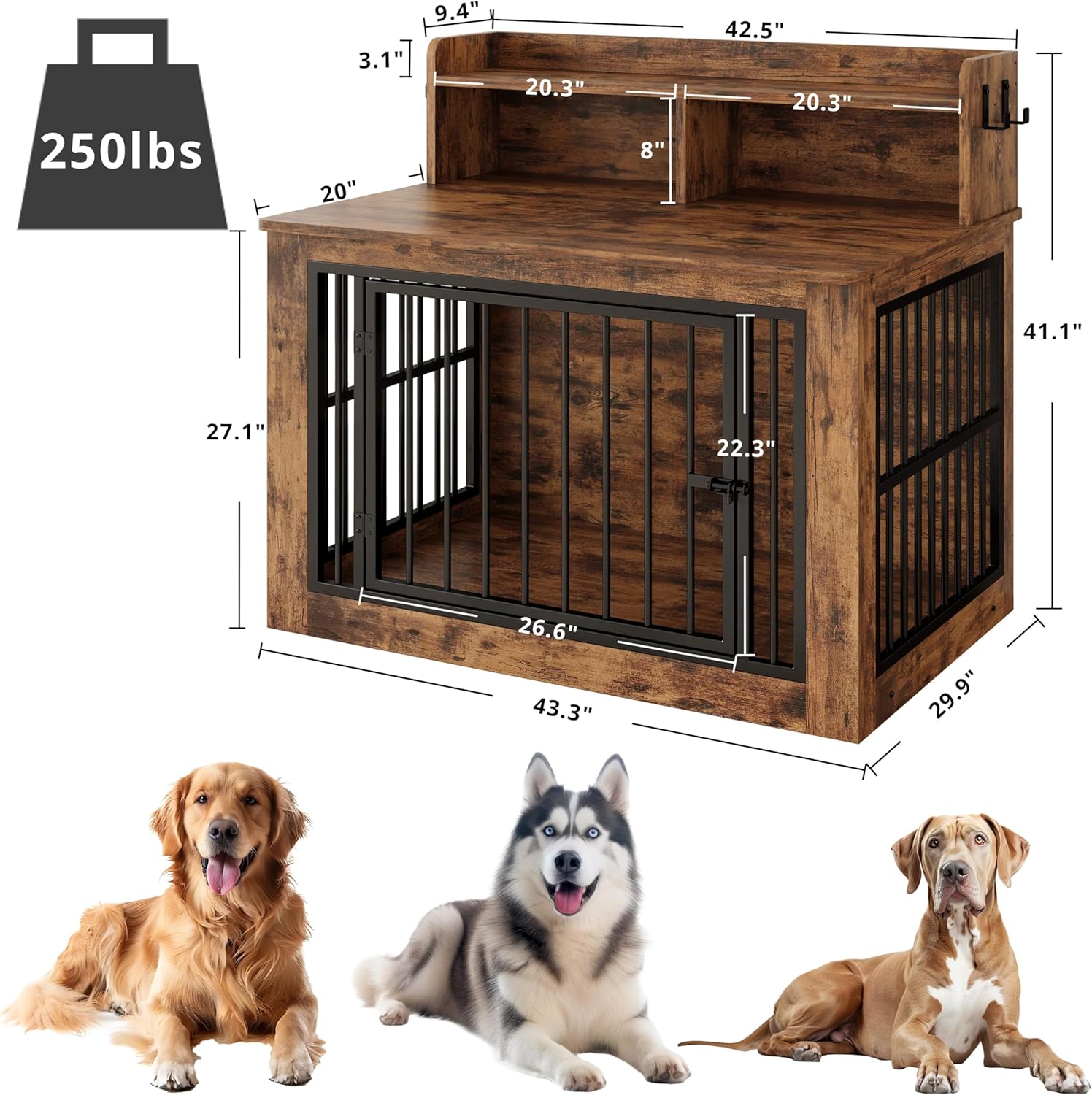 IRONCK Extra Large Dog Crate Furniture, 43.3 inches Wooden Dog Crate with Storage and 4 Hooks, Heavy Duty Pet Crate for Large Dog, Decorative Pet Cage for Indoor (30