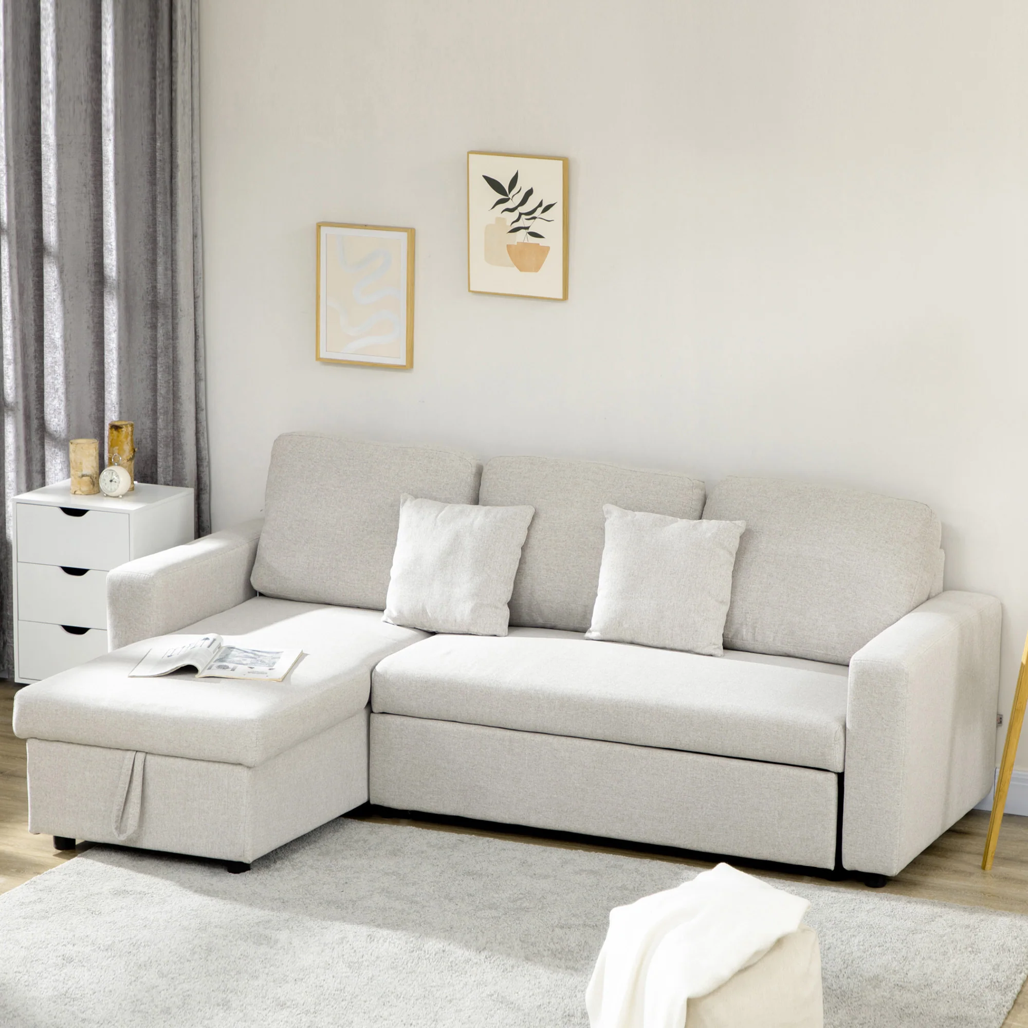 HOMCOM Slaapbank Hoekbank met Bedfunctie, inclusief 2-Zits Sofa, Eenpersoonsbed, L-vorm met Opbergruimte, 2 Kussens Crèmewit