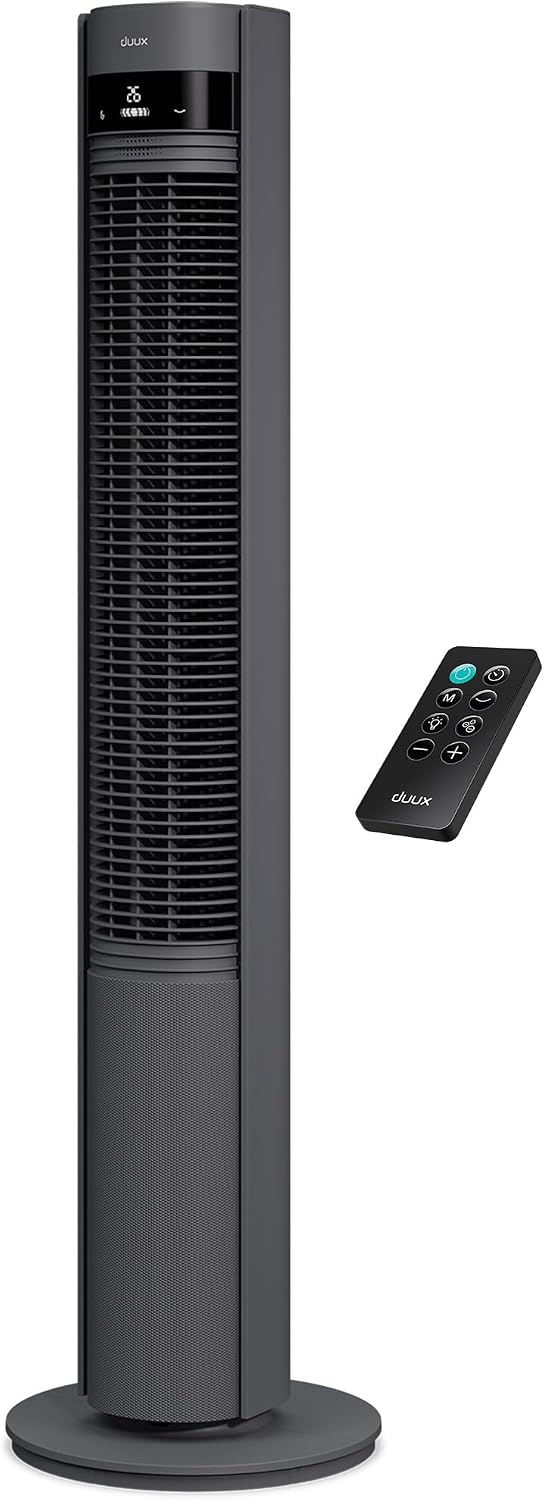 Duux Elevate Turmventilator – 12 Geschwindigkeiten, 80° Oszillation, Nur 25 dB, Ionisator, Timer (1–12h), Schlafmodus, Touch & Fernbedienung – Leiser & Smart Ventilator für Schlafzimmer/Büro - Grau