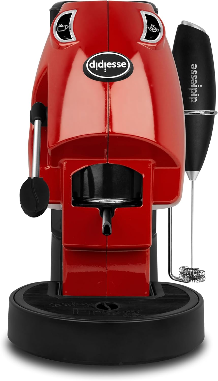 Didiesse Baby Frog Coffee & Tea – Macchina da Caffè a Cialde, con Frullino Montalatte e Doppio Portacialde per Caffè e Tè, Basso Consumo 650W, Erogatore Acqua Calda. (Rosso Pieno)