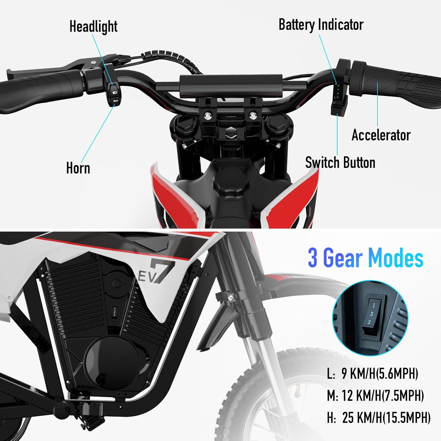 EVERCROSS EV12M Elektro Motorrad Kinder, Elektromotorrad mit 300W Motor, 8/12/25 KMH Geschwindigkeitsmodus, 15KM Lange Reichweite, 12 Zoll Luftreifen, Moto Cross für Kinder von 3–12 Jahren