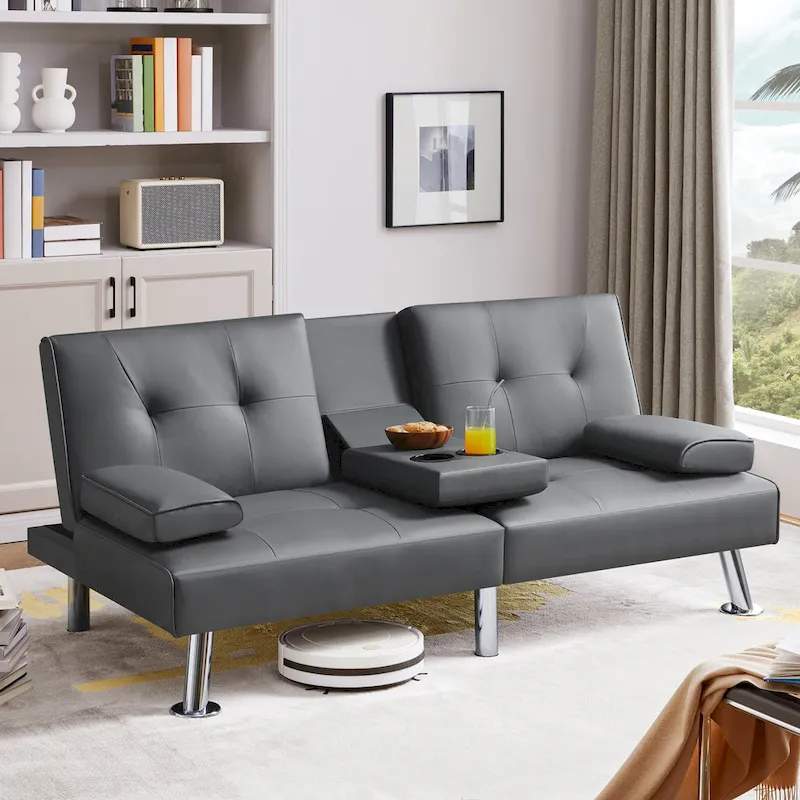 Yaheetech Faux Leather Convertible Futon Sofa Bed 3-In-1 Adjustable Futon Couch