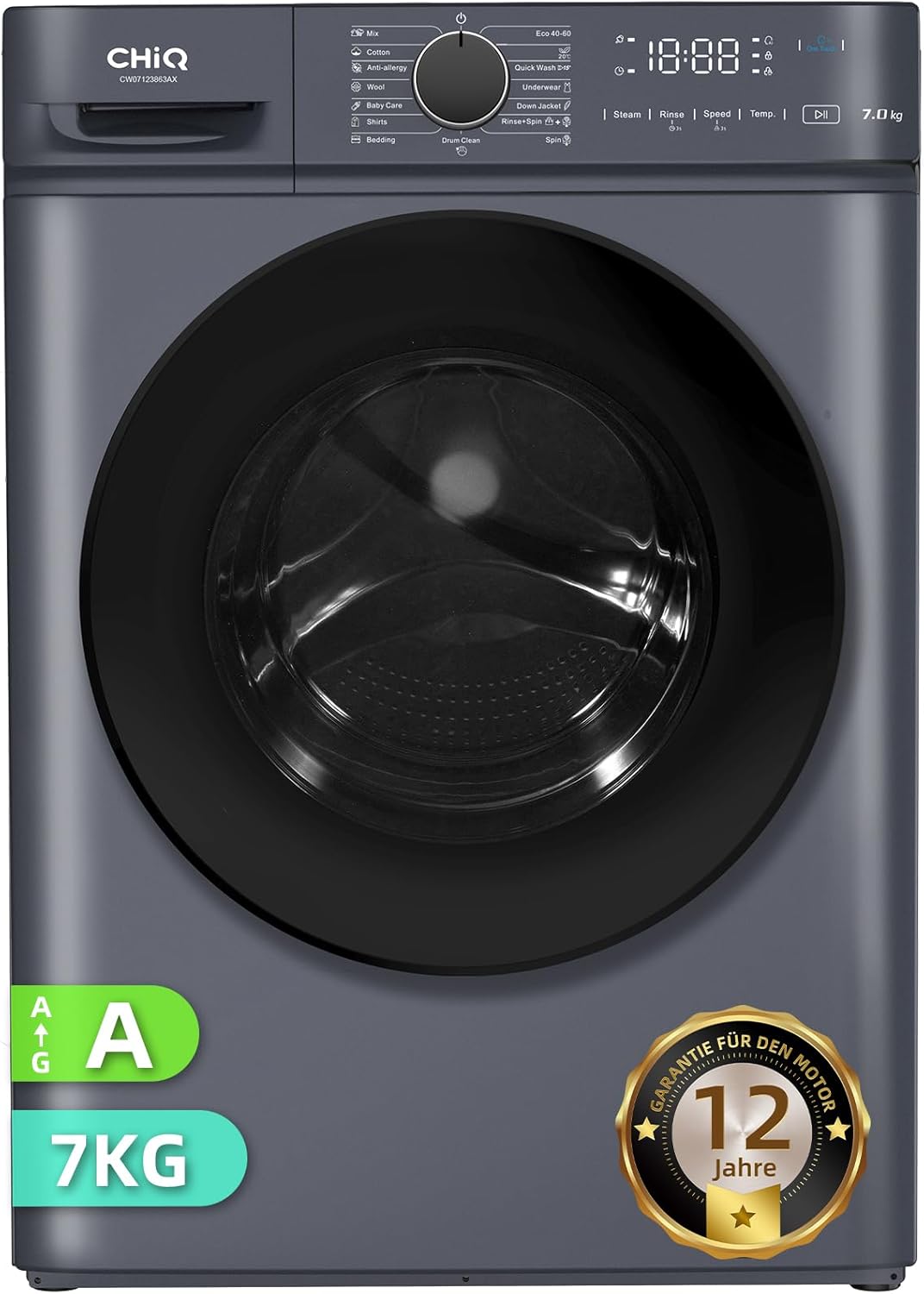 CHiQ Waschmaschine 10kg, Frontlader Washer, 1400 U/16 Waschprogramme/15 Min Schnellwasch, Timer-Funktion, Große Trommel, Inverter-Motor, Dampfwäsche, Grau, CFL100-14586IM3XA