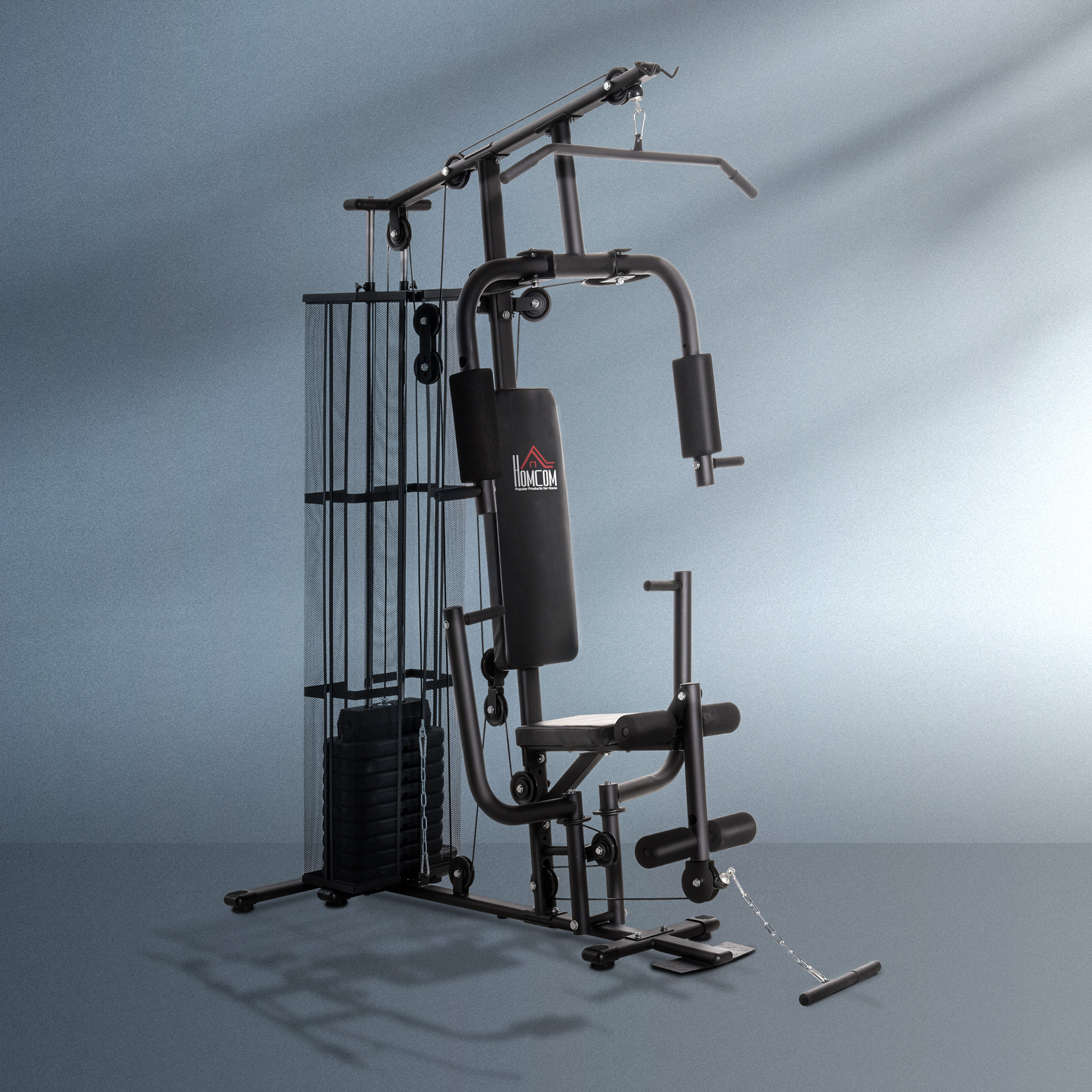 HOMCOM Gym Krachtstation Fitnessstation Multigym Fitnesscentrum Fitnessapparatuur incl. gewichten Latzug Beincurl Metaal PU-kunstleer zwart 150 x 110 x 210 cm