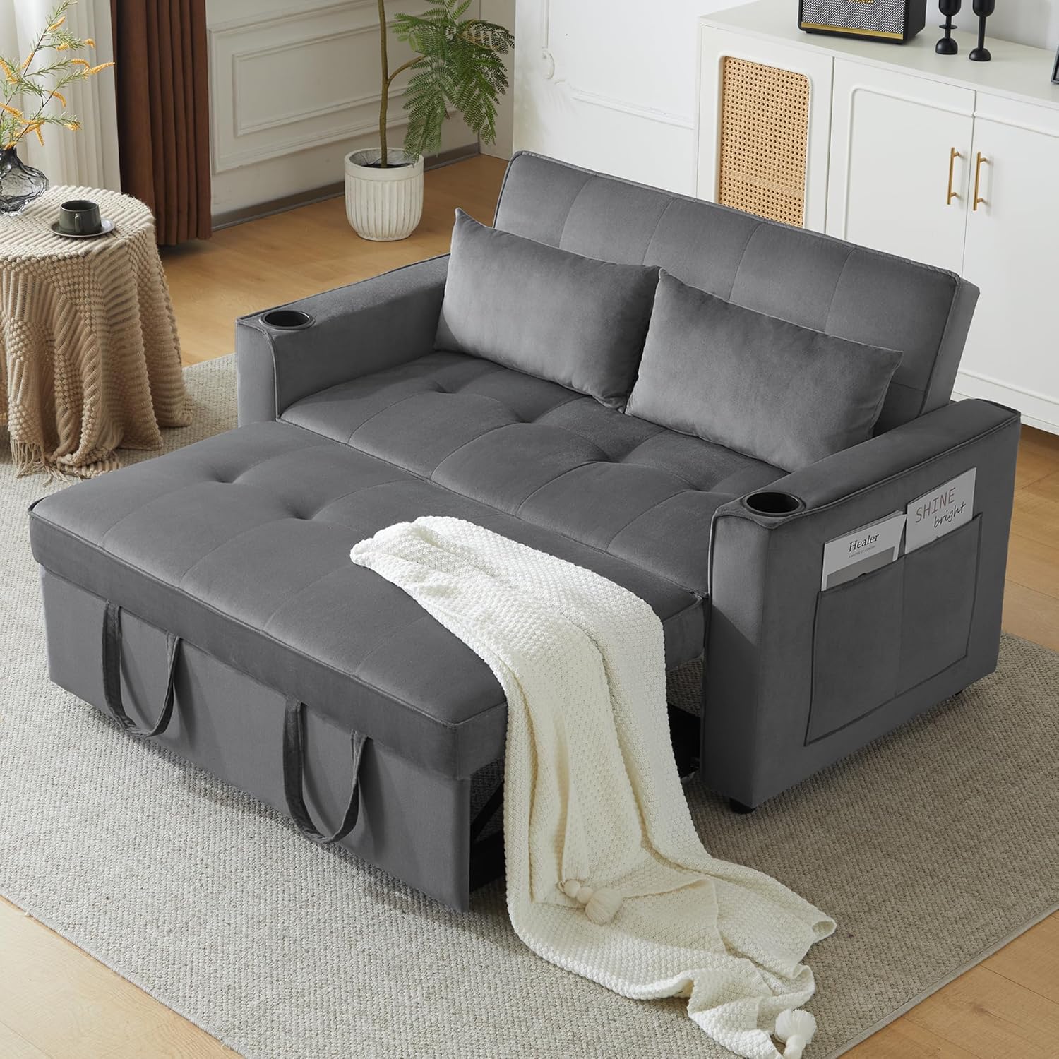 Merax Schlafsofa 2-Sitzer Sofa mit Schlaffunktion, Klappbares 3-in-1 Schlafcouch mit Verstellbarer Rückenlehne, Getränkehalter und Armlehnentaschen, aus Samt, Grau 137 x 76.5 x 83 cm