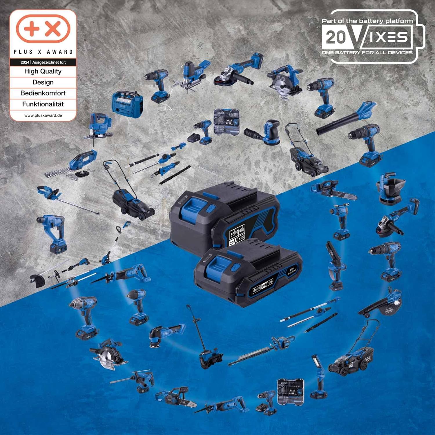 Scheppach Akku Rasenmäher BC-MP380-X 38cm Schnittbreite für 450-500m2 45L Korb Schnitthöhe 25-75mm Brushless 20V-IXES-Serie 10 Jahre Garantie 2x4Ah Akku  und  Fastcharge Doppelladegerät