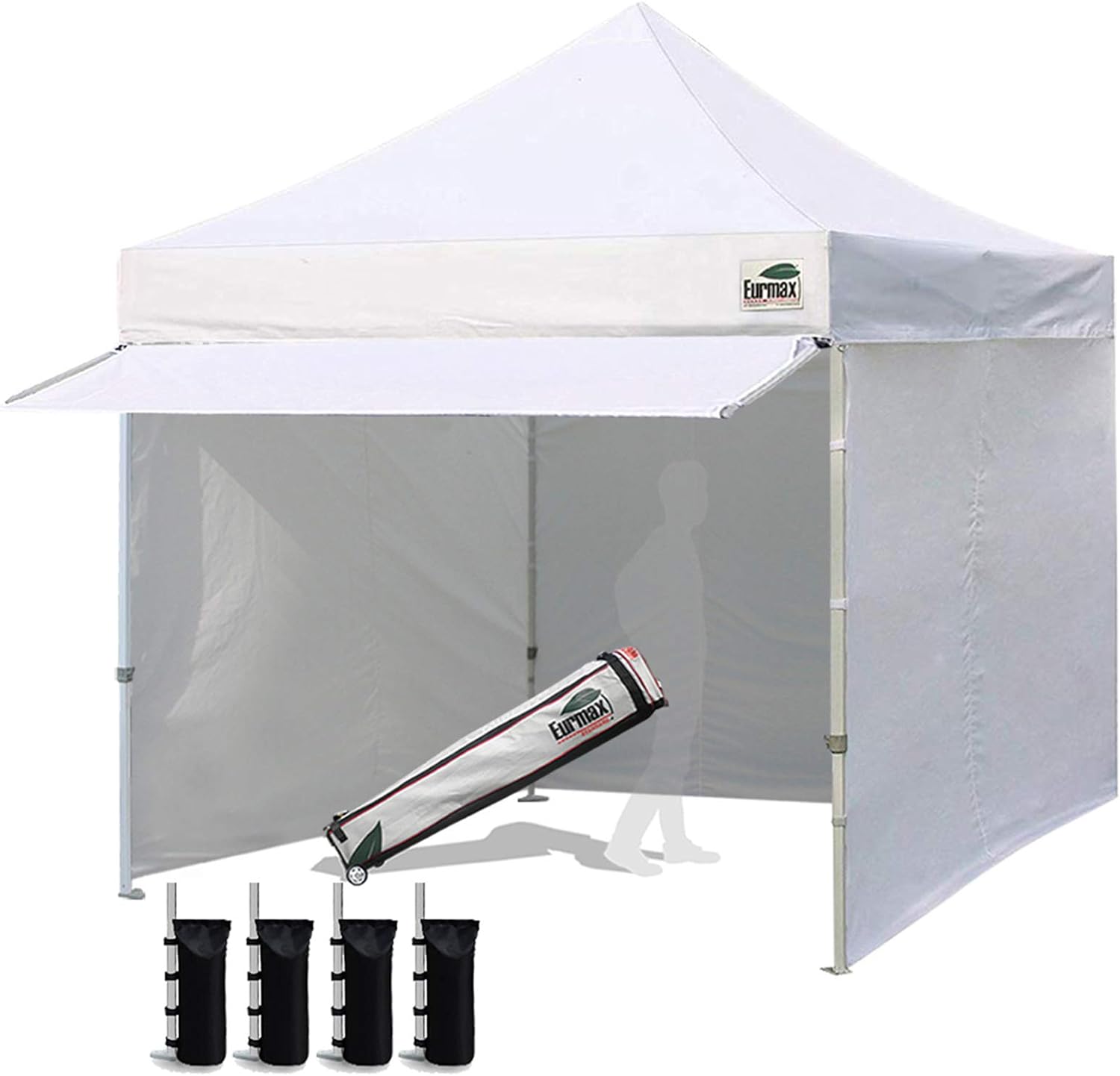 Eurmax USA 10 x 10 Pop up Canopy Commercial Tent Outdoor Party Canopies with 4 Removable Zippered Sidewalls and Roller Bag Bonus 4 Canopy Sand Bags & 24 Squre Ft Extended Awning(White)