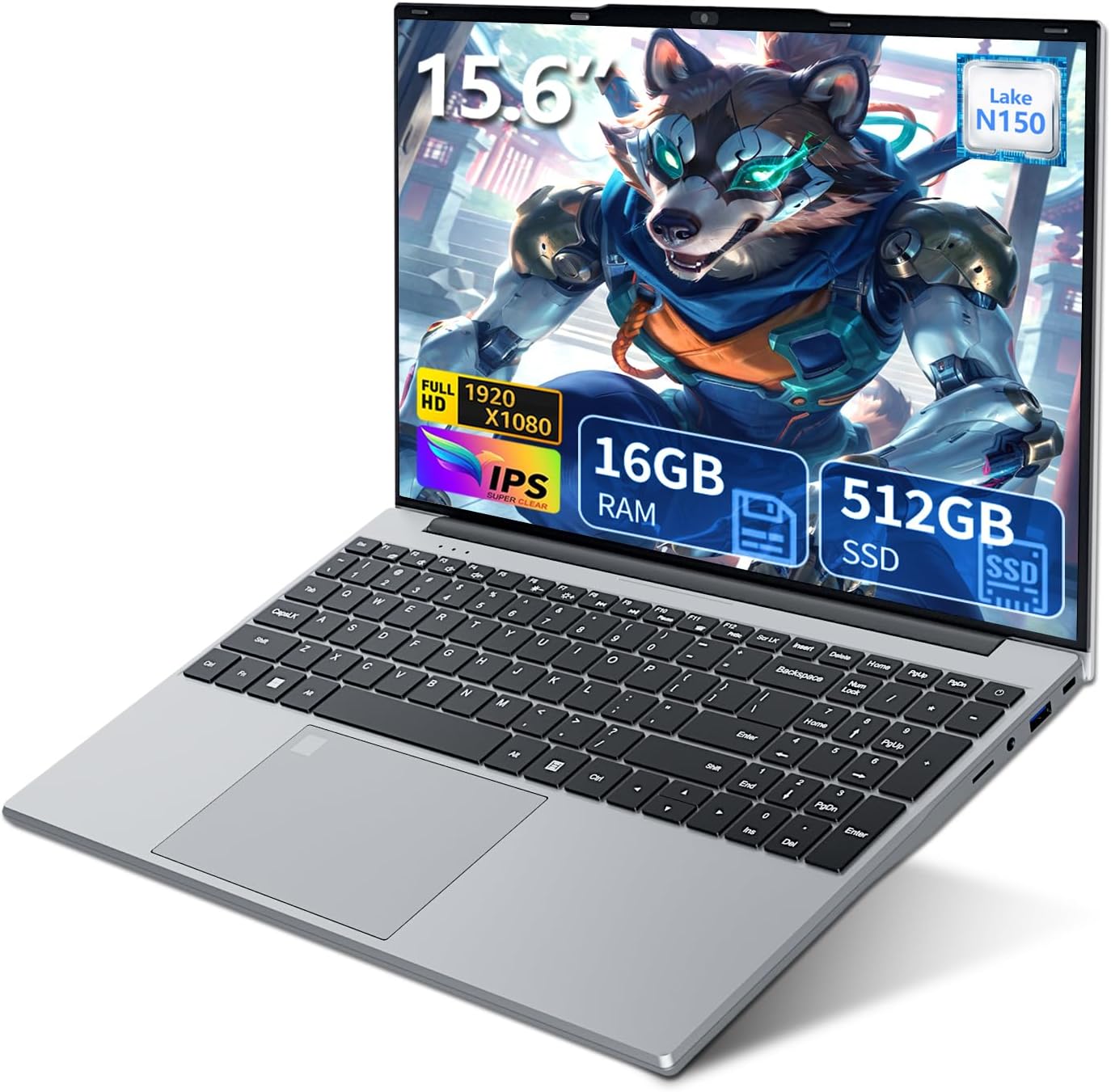 Computer portatile da 15,6 pollici, processore quad-core N150 (fino a 3,6 GHz), laptop tradizionale 16 GB RAM 512 GB SSD, tastiera retroilluminata, sblocco impronte digitali, FHD 1920 x 1080, Win 11