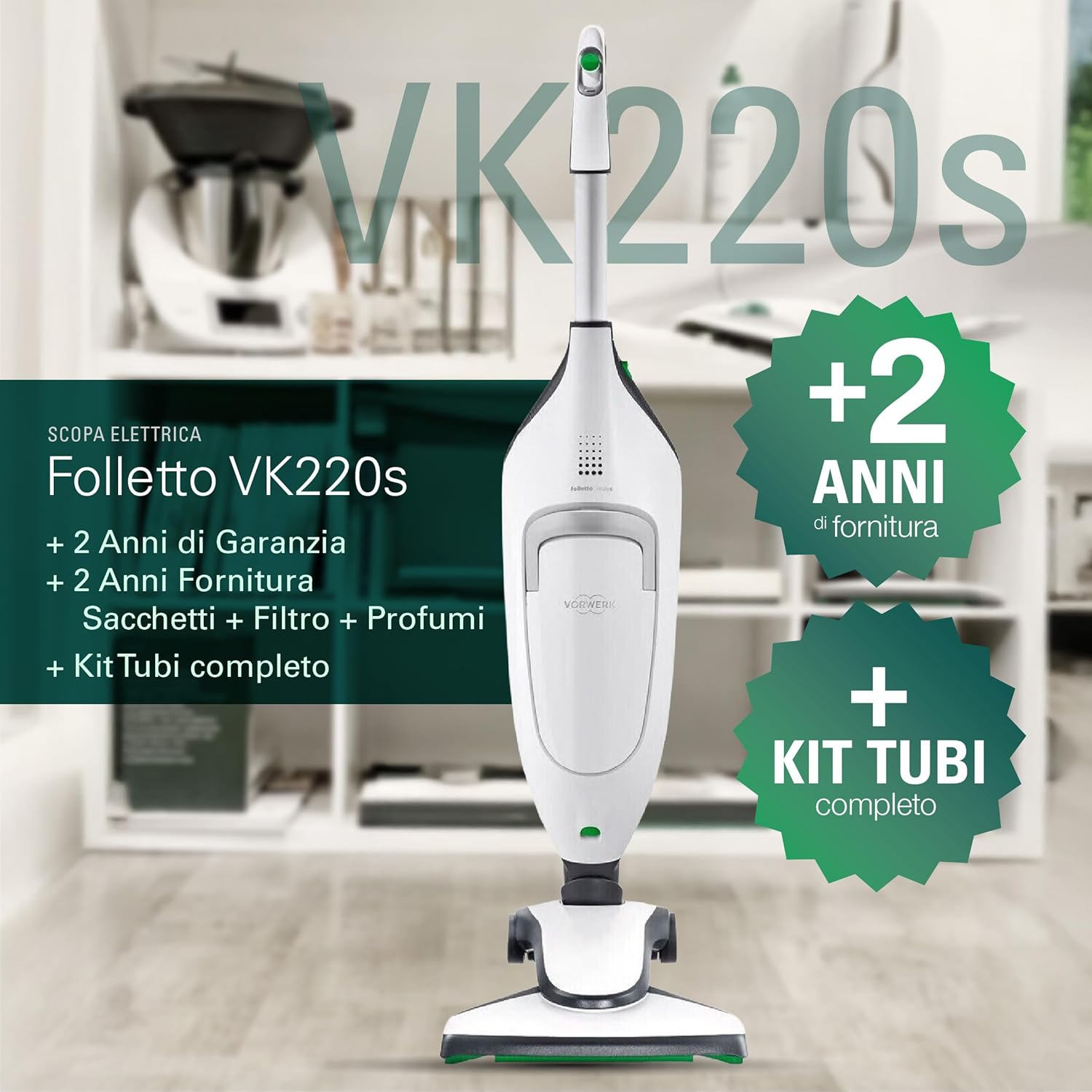 Scopa Elettrica Folletto VK220s Potente - Completa di 2 Anni di Accessori Compatibili e Kit Tubi inclusi | Iconico Kobold Folletto Aspirapolvere con Filo, Facile da Usare | Garanzia di 24 Mesi