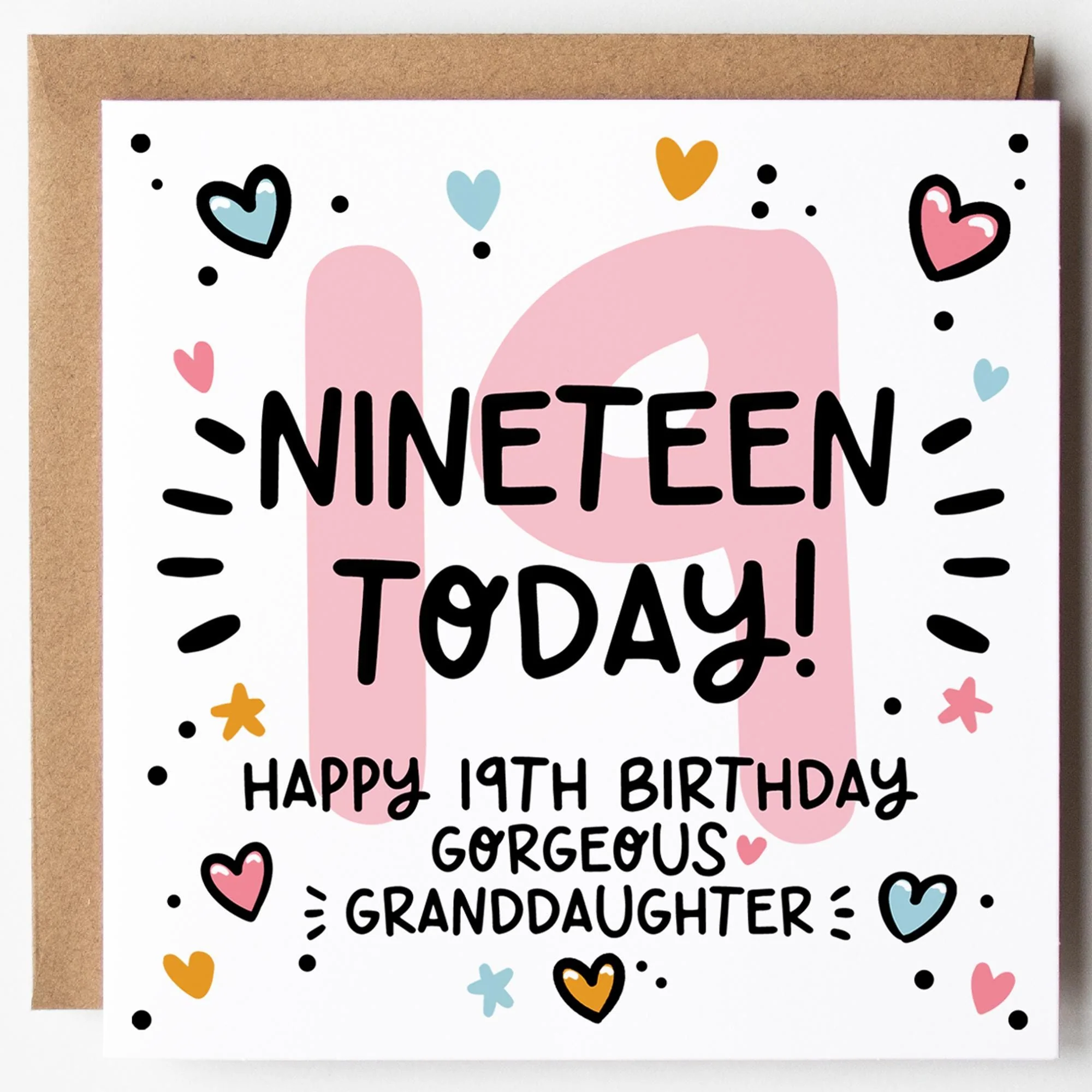 Granddaughter 19th Birthday Card; Nineteen Today, with Kraft Envelope