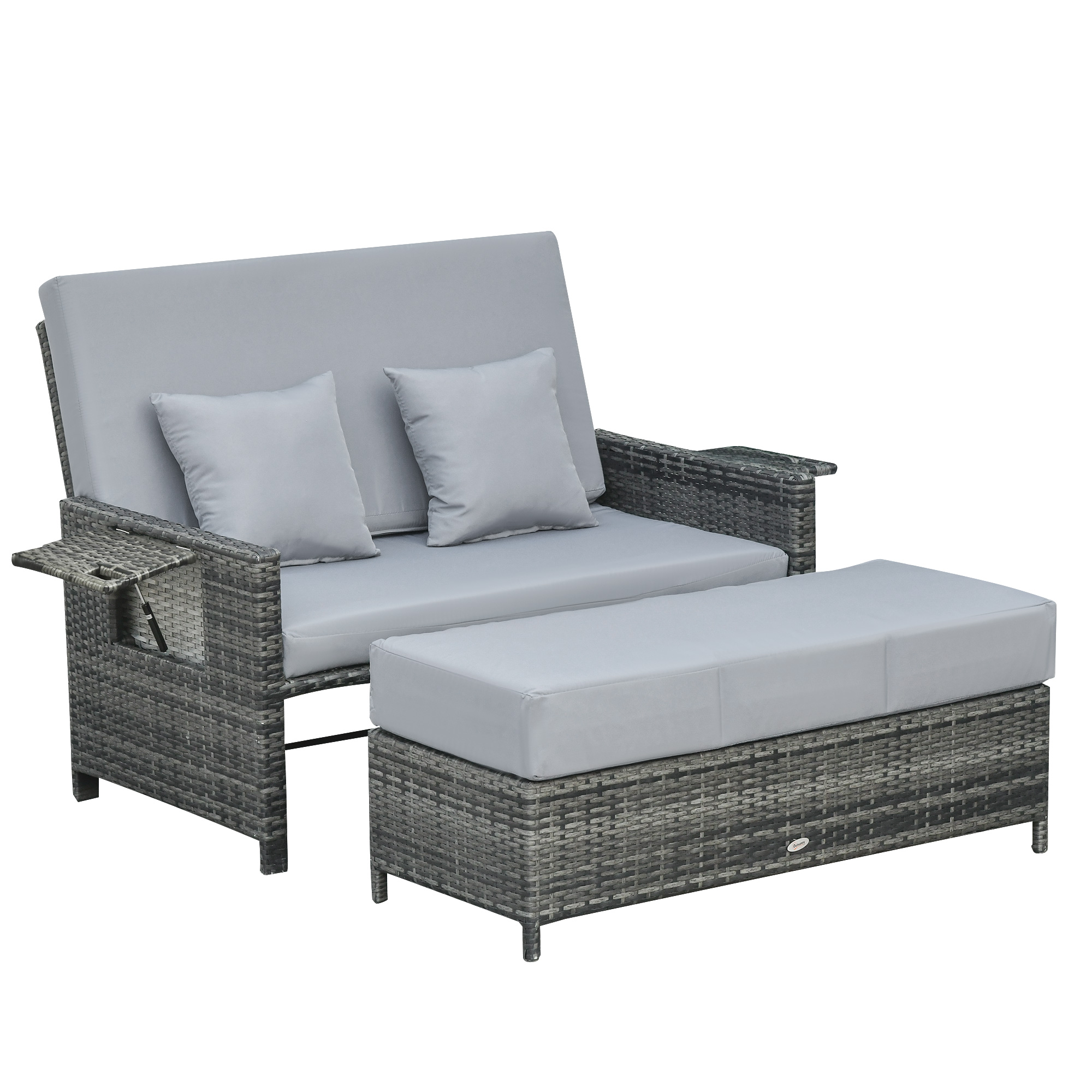 Outsunny Poly-rotan loungebank 2-zits set ligstoel kruk grijs