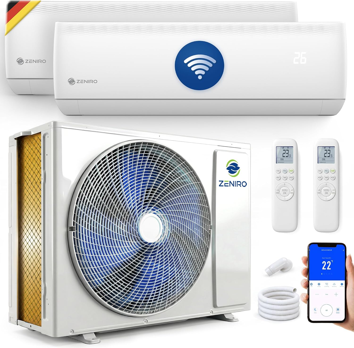 Multi Split Klimaanlage 3 Innengeräte Set (2,6kW + 2 x 3,5kW) Klimagerät Air Conditioner mit Heizfunktion 27000 BTU 7,9kW A++ WiFi/App-Steuerung 4D AirFlow Heizen bis -20°C Vorgefüllt R32