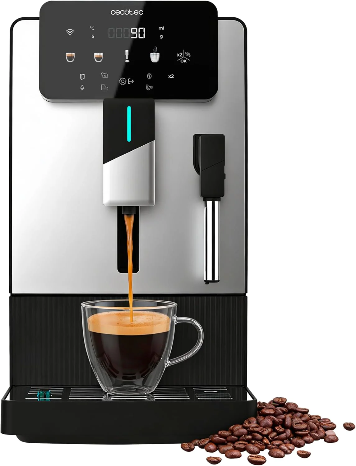 Cecotec Cremmaet Latte Touch Superautomatic Coffee Maker, 19 Bars, Thermoblock, 12 Beverages, 4 Profiles, Water 1.1L and 400 ml Milk, TFT Screen, Conical Grinder, Automatic Cleaning, Adjustable Height