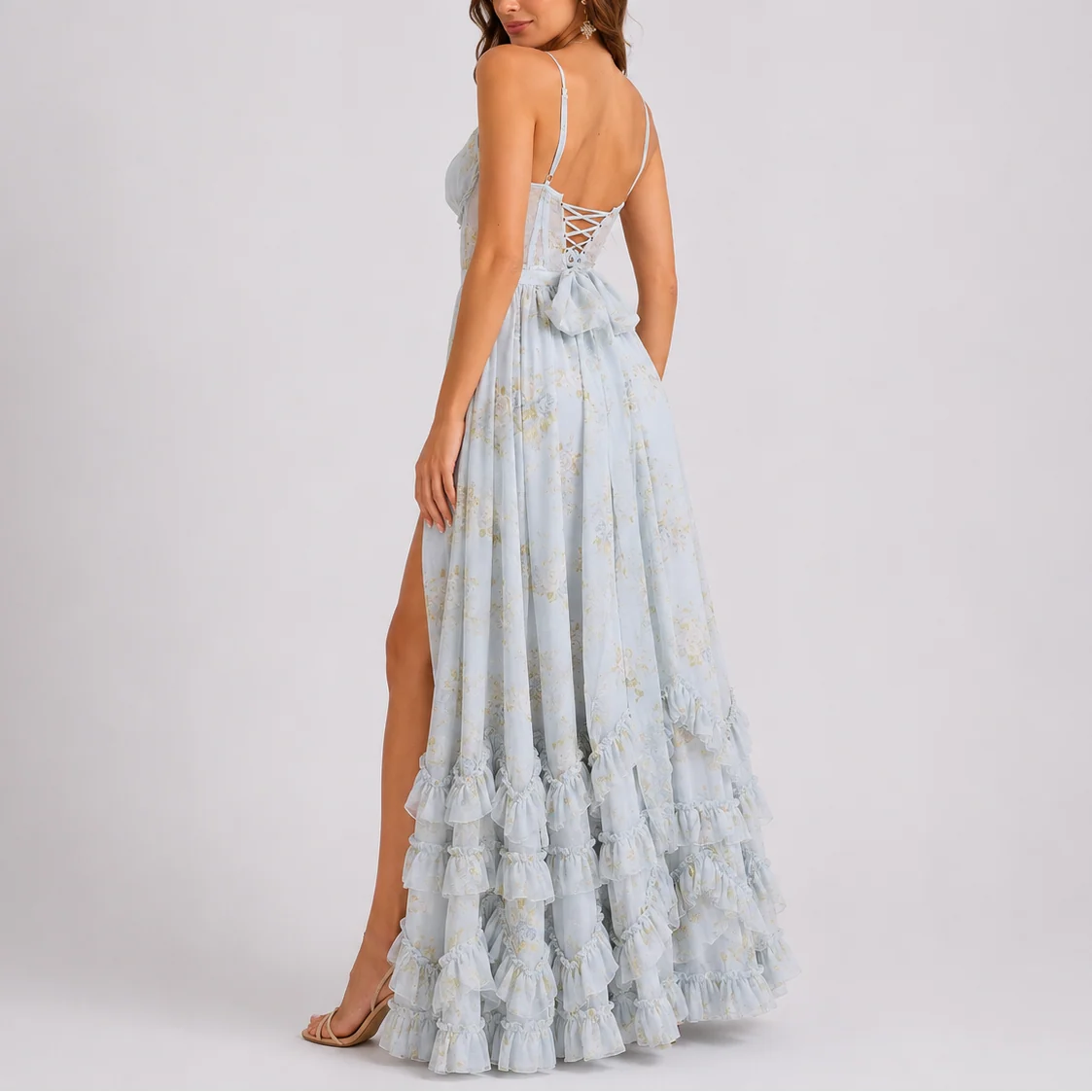 Womena??s Floral Maxi Dress with Corset Bodice