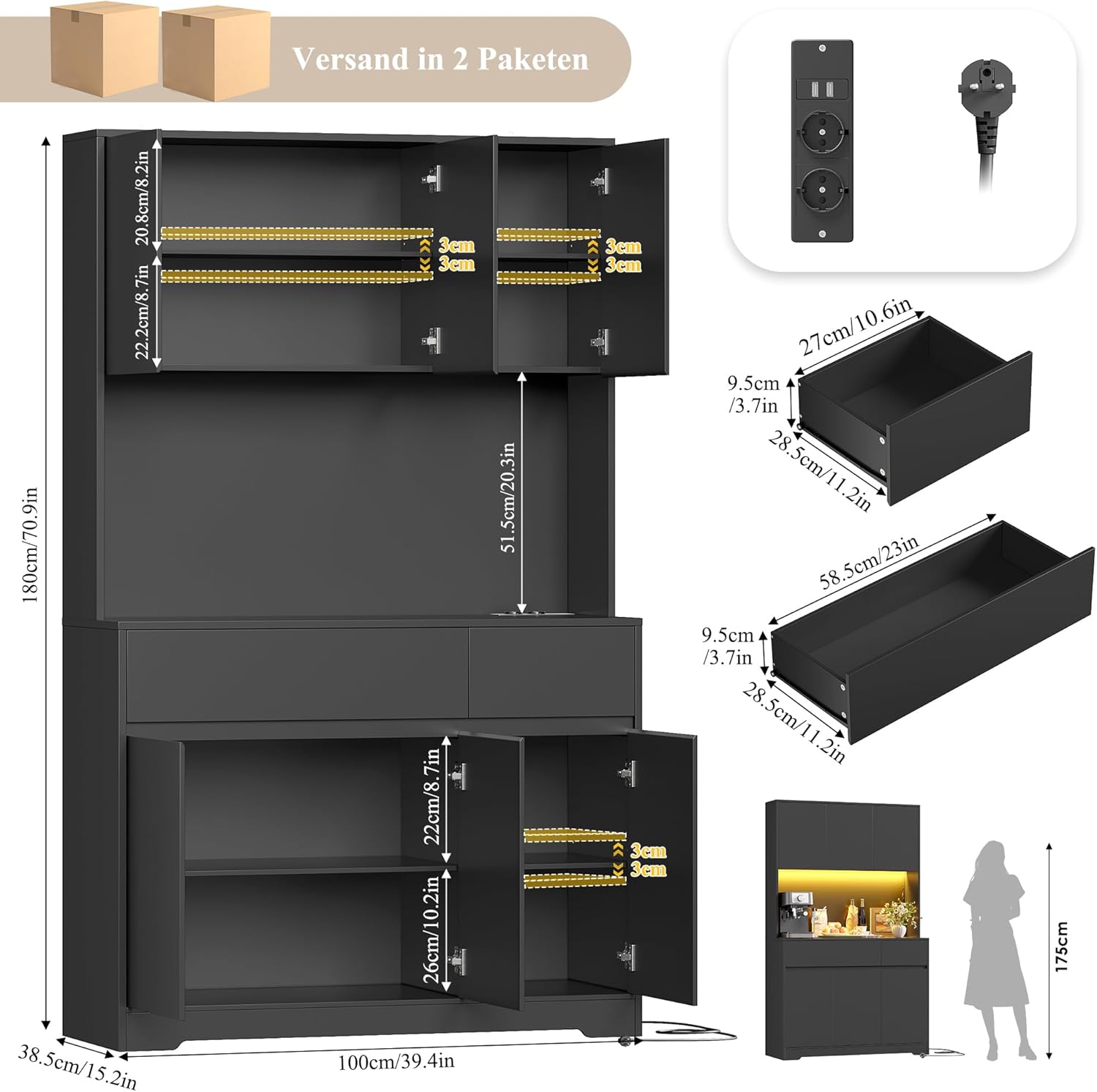 FirFurd Küchenschrank Buffetschrank mit LED und Steckdose Küchenschrank mit Arbeitsplatte Sideboard für Küche Wohnzimmer Esszimmer Küchenbuffet 180x100x38,5cm schwarz