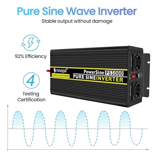 NOVOPAL Onda Sinusoidale Pura Power Inverter 3000W DC 24v in AC 220v  2 EU Presa con Uscita USB, telecomando da 5 metri e due ventole di raffreddament : Amazon.it: Auto e Moto