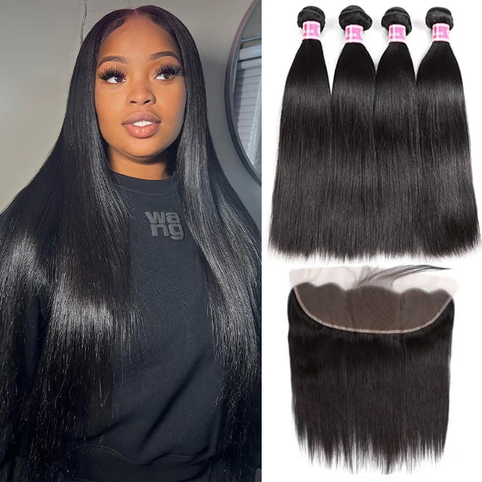 Brazilian Straight Hair 4 Bundles With 13X4 Lace Frontal 10A Grade Natural Color Hair Weaves