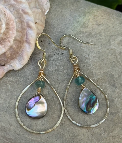 Hammered Gold Oval Hoops w/ Abalone