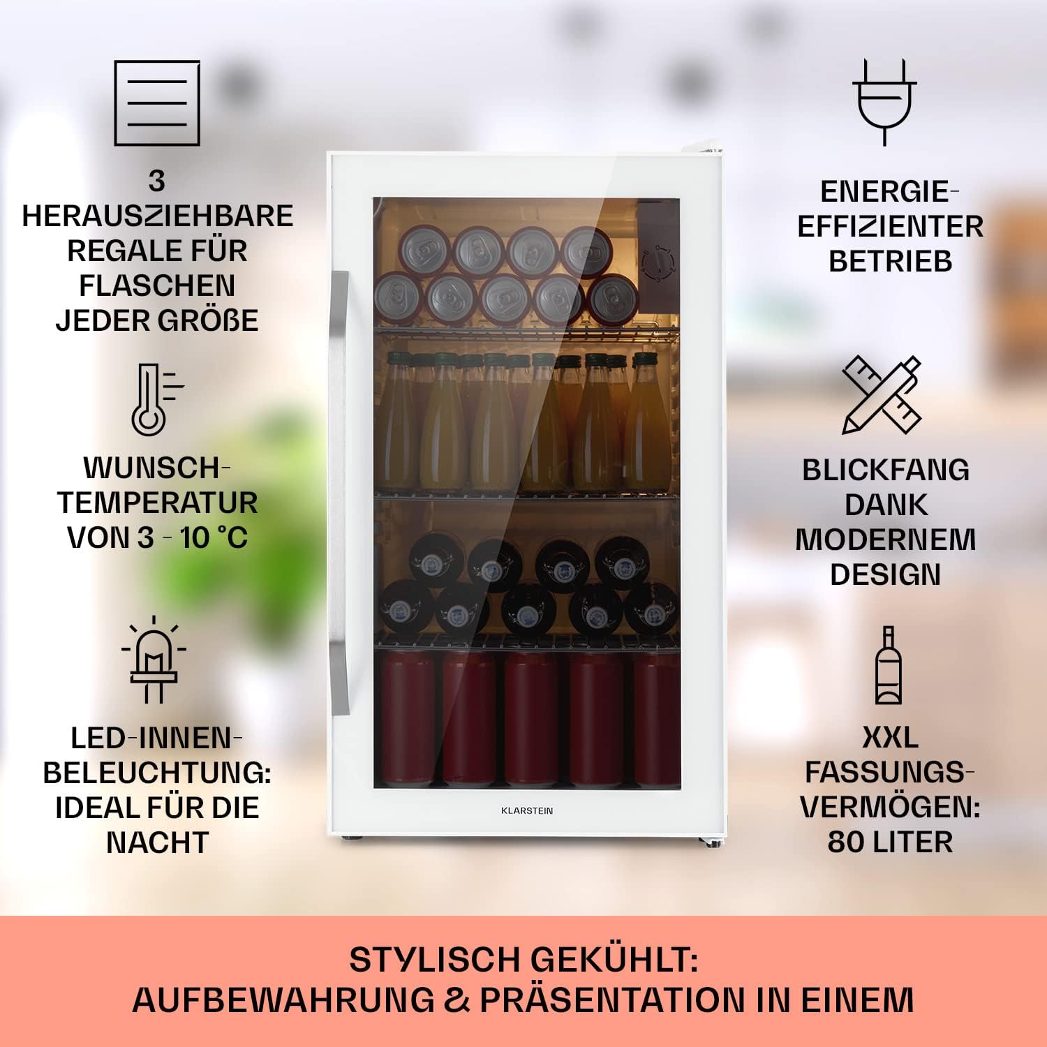 Klarstein Mini Koelkast met Glazen Deur voor Kamer, Drankenkoelkast met Verstelbare Planken, Klein 80 Liter, Indoor/Outdoor Koelkast Stil