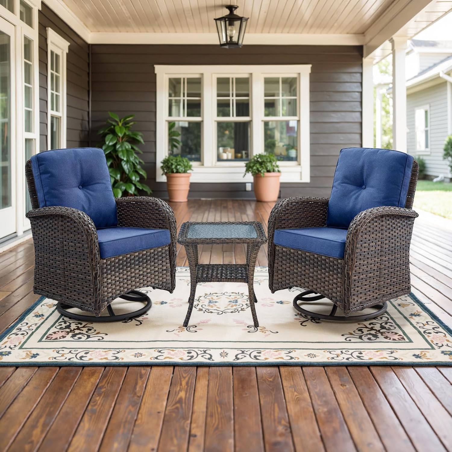 Belord Patio Wicker Chairs Swivel Rocker - Outdoor Swivel Rocking Chairs Set of 2 with Rattan Side Table  Patio Swivel Glider Chair 3 Piece Patio Furniture Sets for Deck Porch Pool Brown/Blue