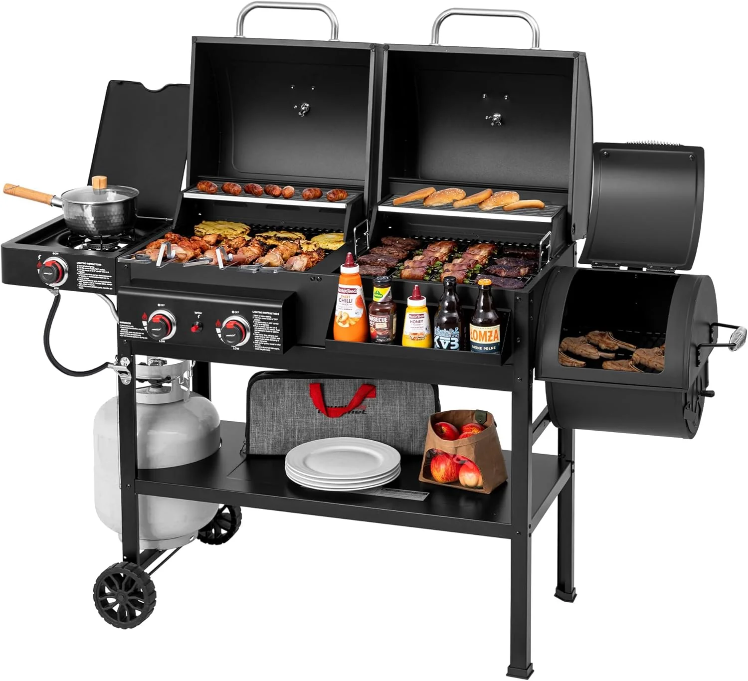 2 égős gáz- és faszén grill kombó offset smokerrel és oldalégővel, 34 000 BTU Dual Fuel Grill, 1020 négyzetcol főzőfelület, ideális kültéri főzéshez, fekete, ZH3005Y-SC