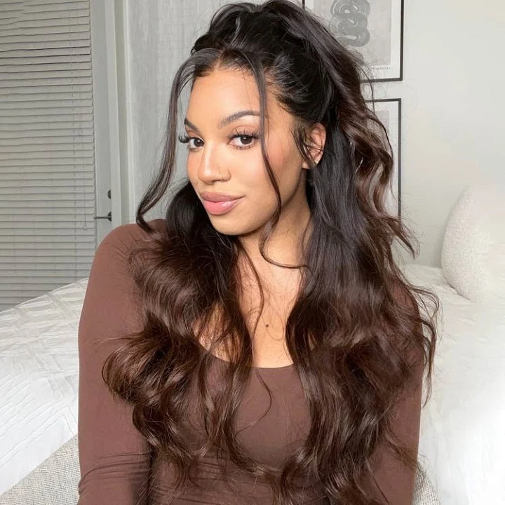 Ombre Chestnut Brown Body Wave Glueless Wig With Dark Roots Put On & Go 13x4 Pre Cut Lace Front Wig