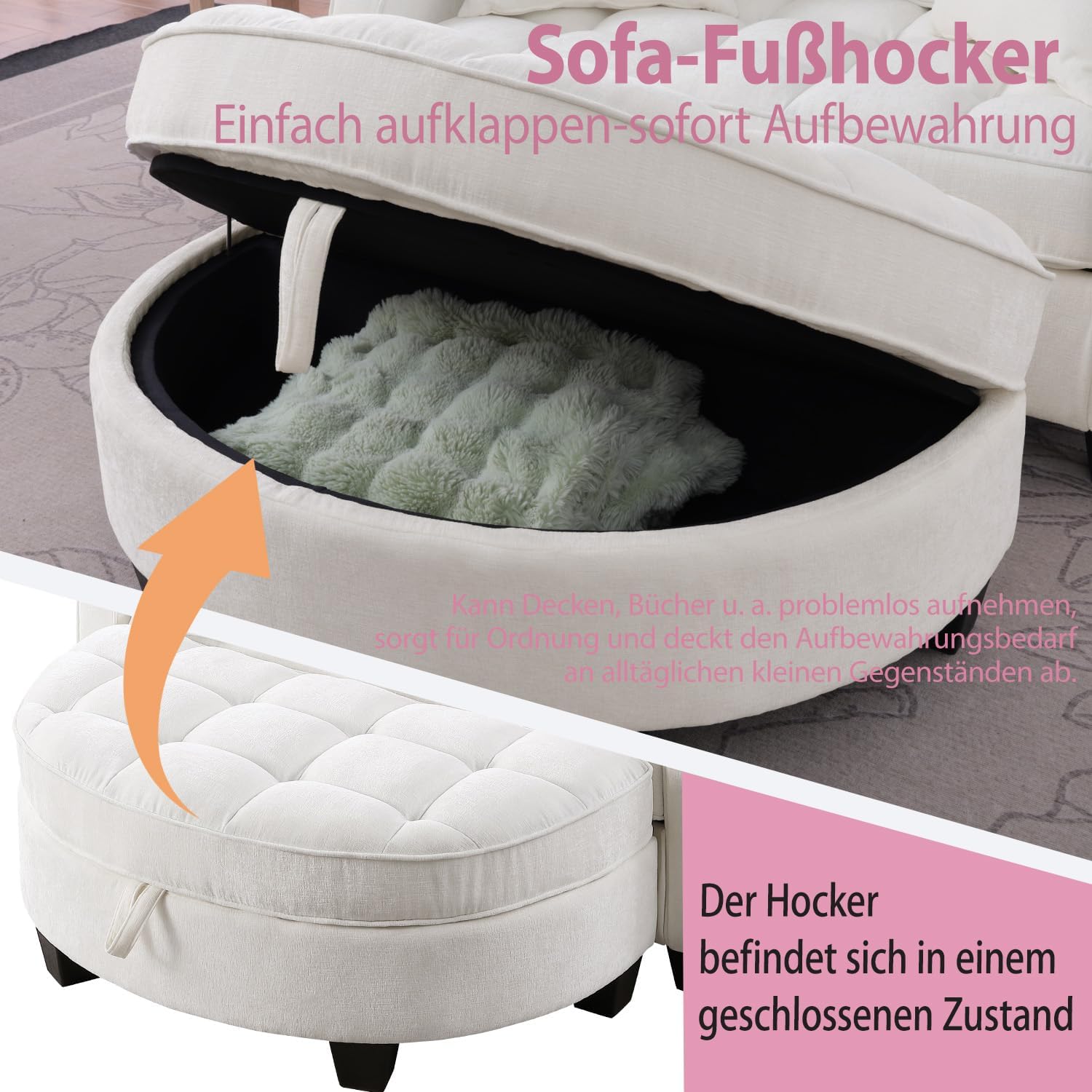 Sofa mit Schlaffunktion, 2-in-1 Schlafsofa, Modulares Sofa, Aufbewahrungs-Hocker & 4 Kisse, für Kleine Wohnzimmer, Studienzimmer, Schlafzimmer, 132×129×93cm (Beige)