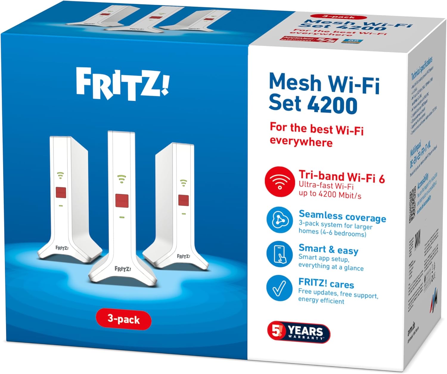 FRITZ!Mesh Set 4200 3er-Set (3x FRITZ!Repeater, ideal für Internetrouter oder Glasfasermodem (ONT), WLAN-Abdeckung für 5 - 7 Räume, Triband Wi-Fi 6 mit bis zu 4.200 MBit/s, internationale Version)