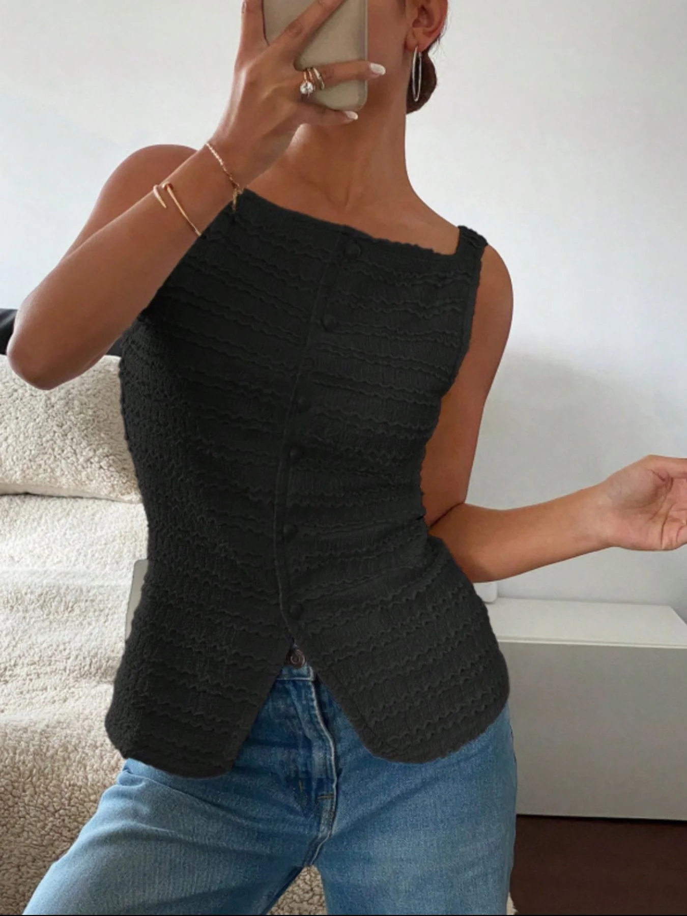 Textured Button-Front Tank
