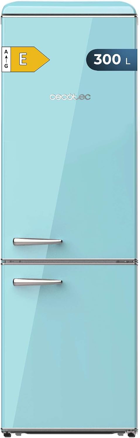 Cecotec Retro-Kühl-Gefrierkombination mit 300L Bolero CoolMarket Combi Origin 300 Blue E, Klasse E, Innenbeleuchtung LED, Crisper Box, Temperaturregelung, verchromter Griff und Glasregale.