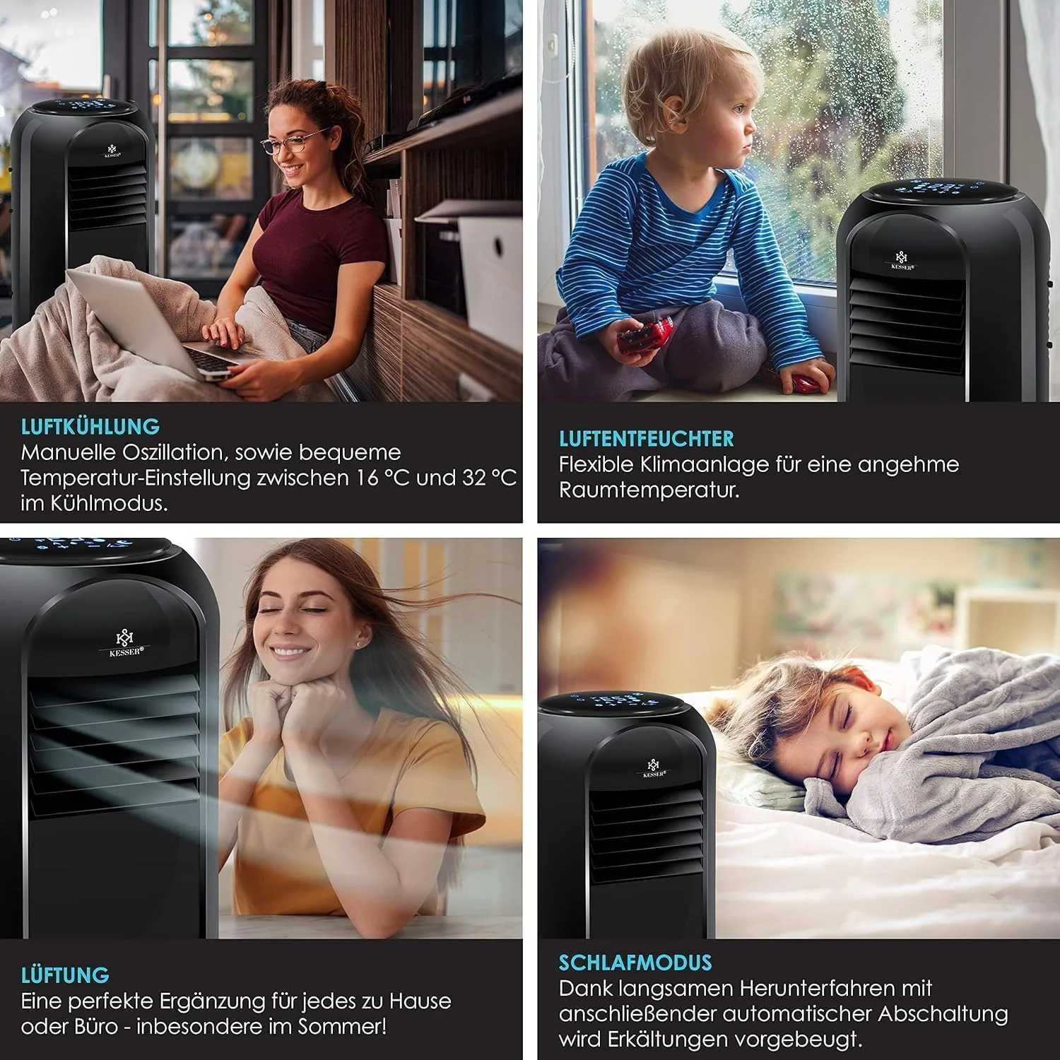 KESSER® Klimaanlage Mobil Klimagerät Sky Tower 4in1 kühlen, Luftentfeuchter, lüften, Ventilator - 9000 BTU/h (2.600 Watt) 2,7KW - Klima, Fernbedienung und Timer, Nachtmodus (EEK: D), Schwarz