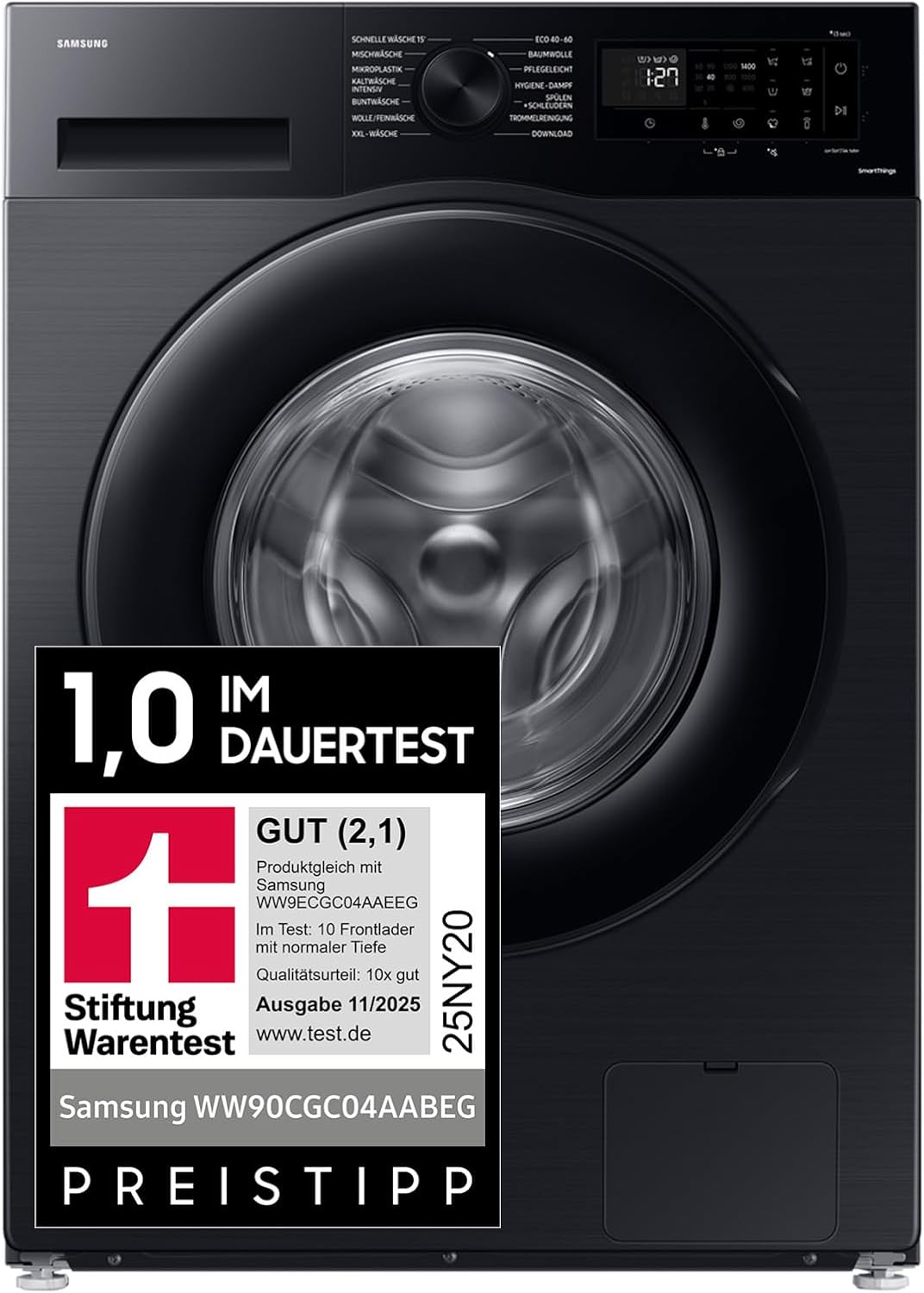 Waschmaschine, 9 kg, 1.400 U/min, EEK: A, Mikroplastik-Programm, Ecobubble, 14 Programme, WiFi SmartControl, Schwarz, WW90CGC04AABEG