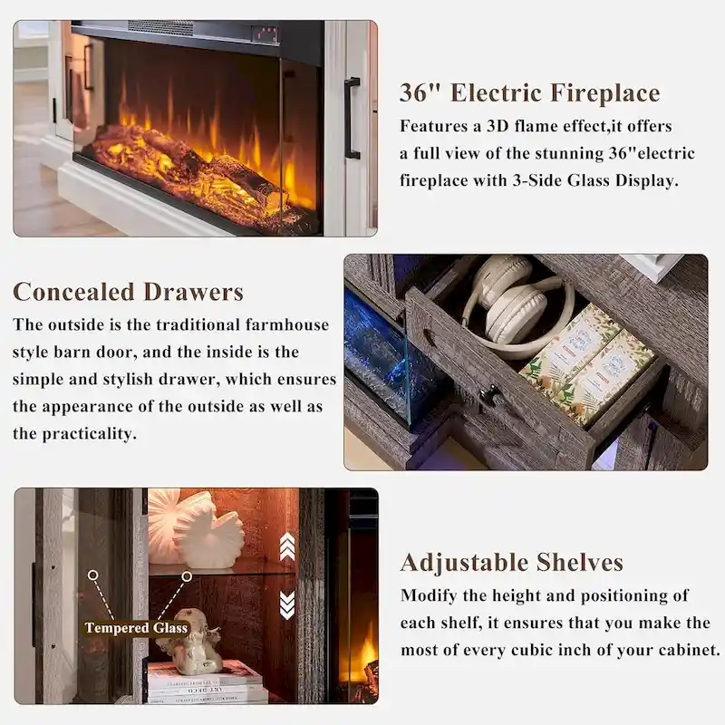 Farmhouse Electric Fireplace TV Stands up to 80, Entertainment Center