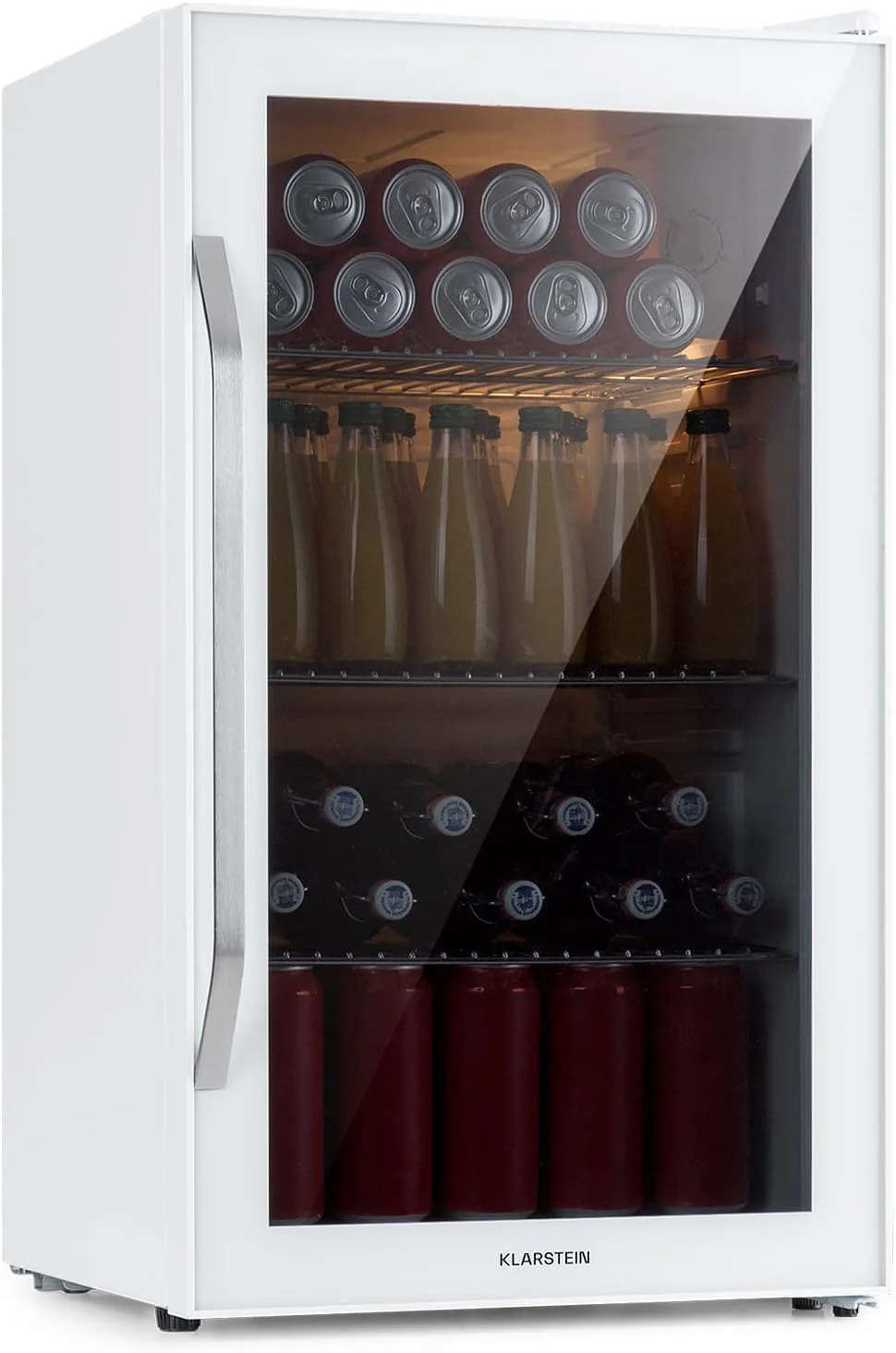 Klarstein Mini Koelkast met Glazen Deur voor Kamer, Drankenkoelkast met Verstelbare Planken, Klein 80 Liter, Indoor/Outdoor Koelkast Stil