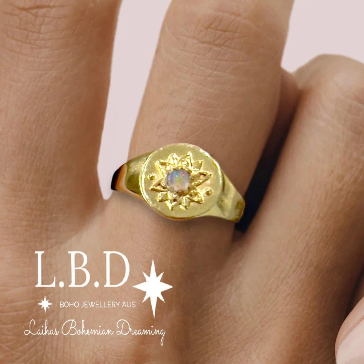 Intricate Vera May Gold Signet Ring- Genuine Opal Ring