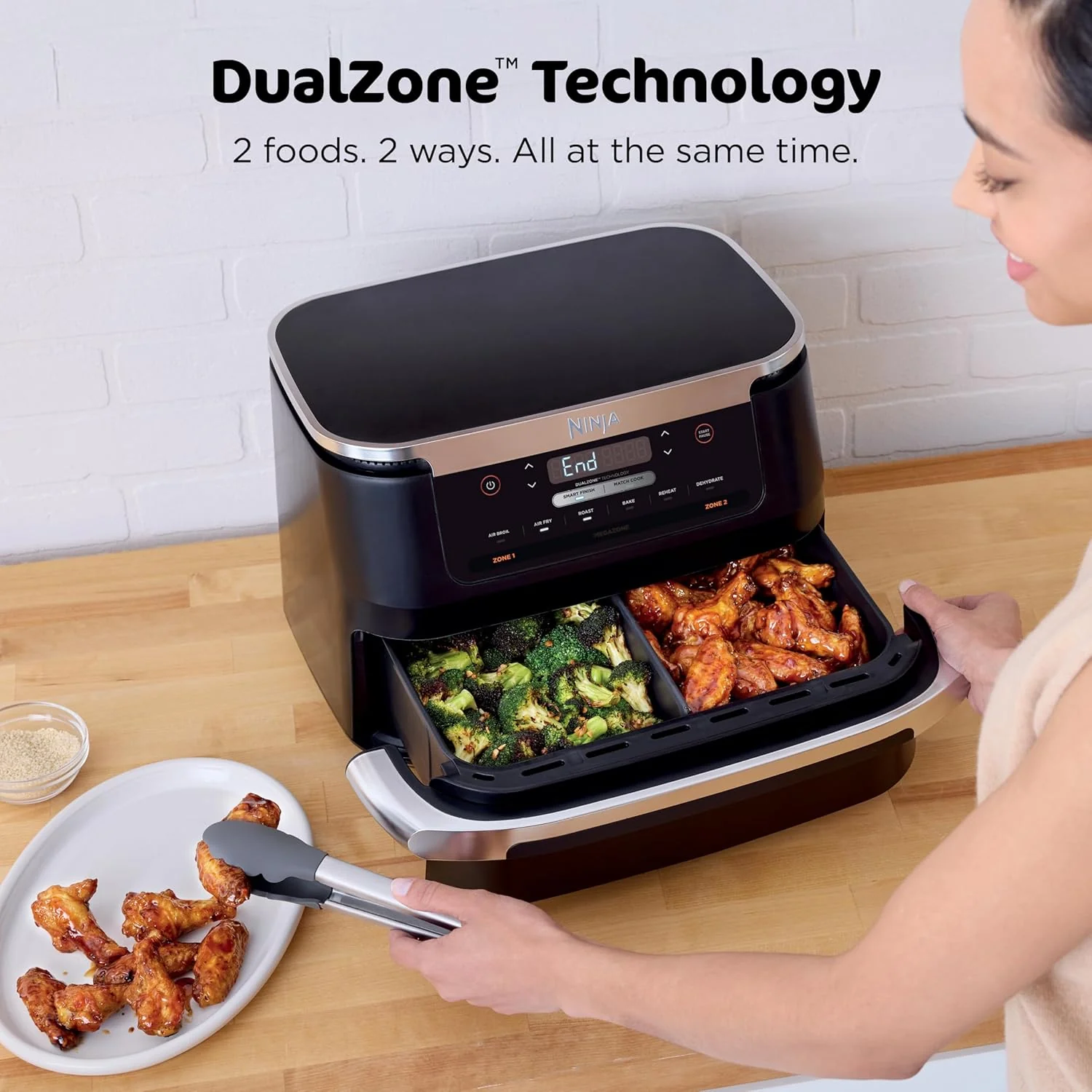 Ninja Foodi 10QT 6-in-1 DualZone Smart XL Air Fryer, 2 Independent 5QT Baskets, Smart Cook Thermometer, Match Cook, Smart Finish, Air Fry, Roast, Bake, Dehydrate, Reheat, Grey, DZ550