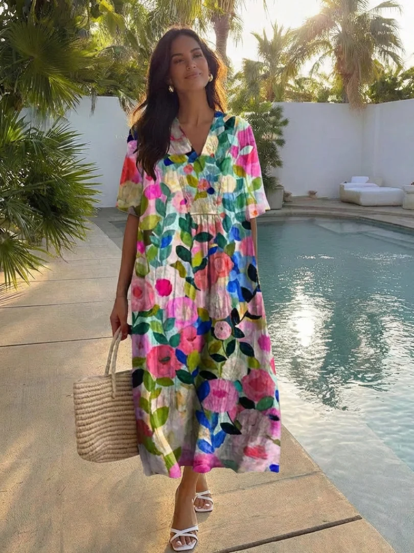 Womena??s Floral Midi Dress Relaxed Fit Short Sleeve Summer Style