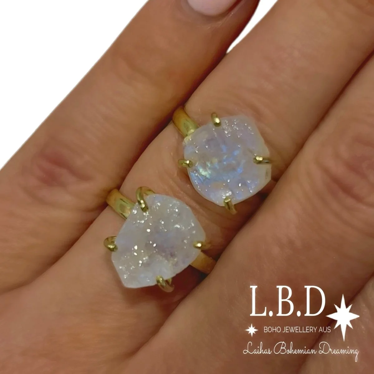Gold Moonstone Ring -Raw Moonstone Crystal Ring L.B.D