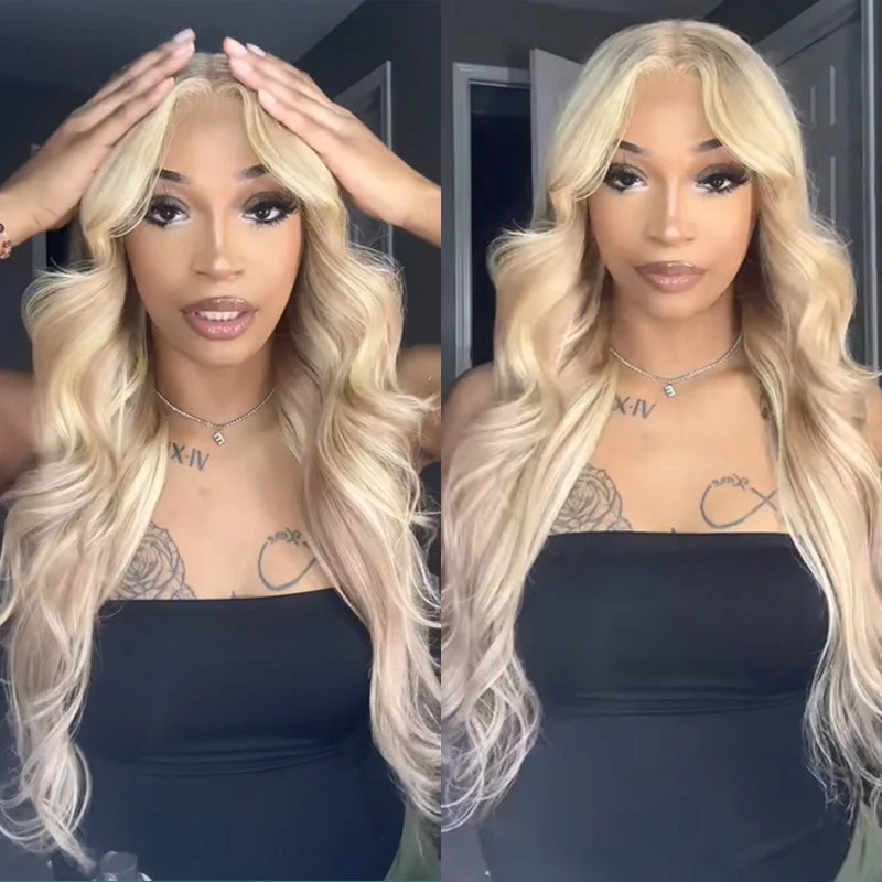 Cynosure Curtain Bangs Glueless Ash Blonde Highlights Wig #18/613 Human Hair Wigs With Dark Roots 14 Inch To 28 Inch
