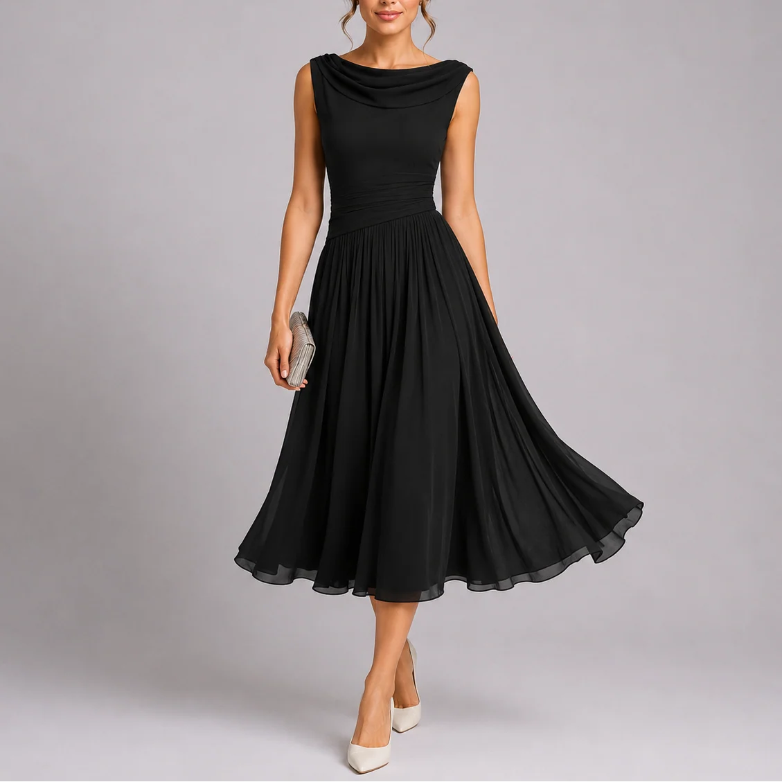 Women��s Elegant Pleated Midi Dress with Draped Neckline