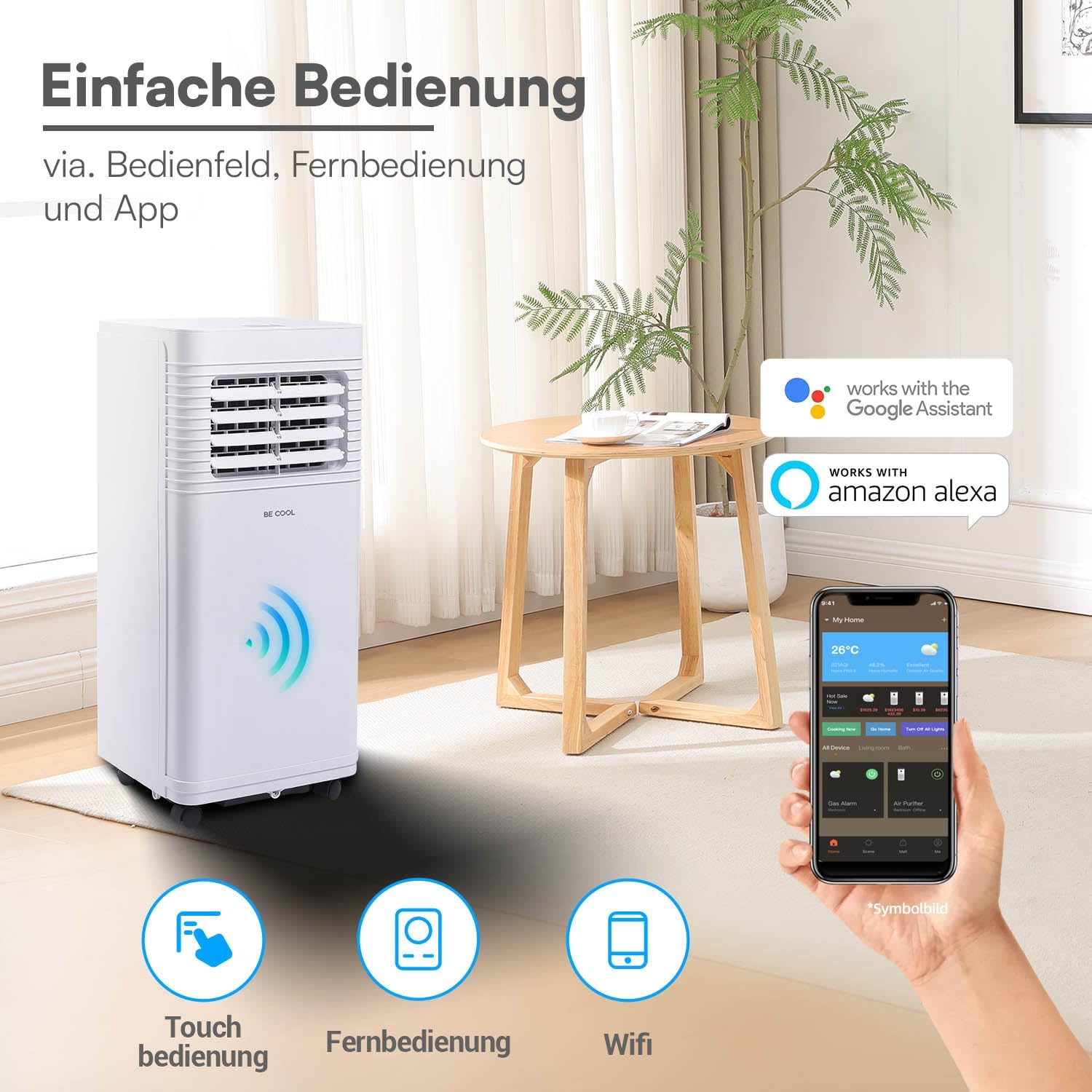 BE COOL Mobiles Klimagerät 7000 BTU mit WLAN, 3in1 Klimaanlage zum Kühlen, Entfeuchten & Lüften, für Räume bis 24 m², Fernbedienung, Timer, Schlafmodus, Energieklasse A, Weiß