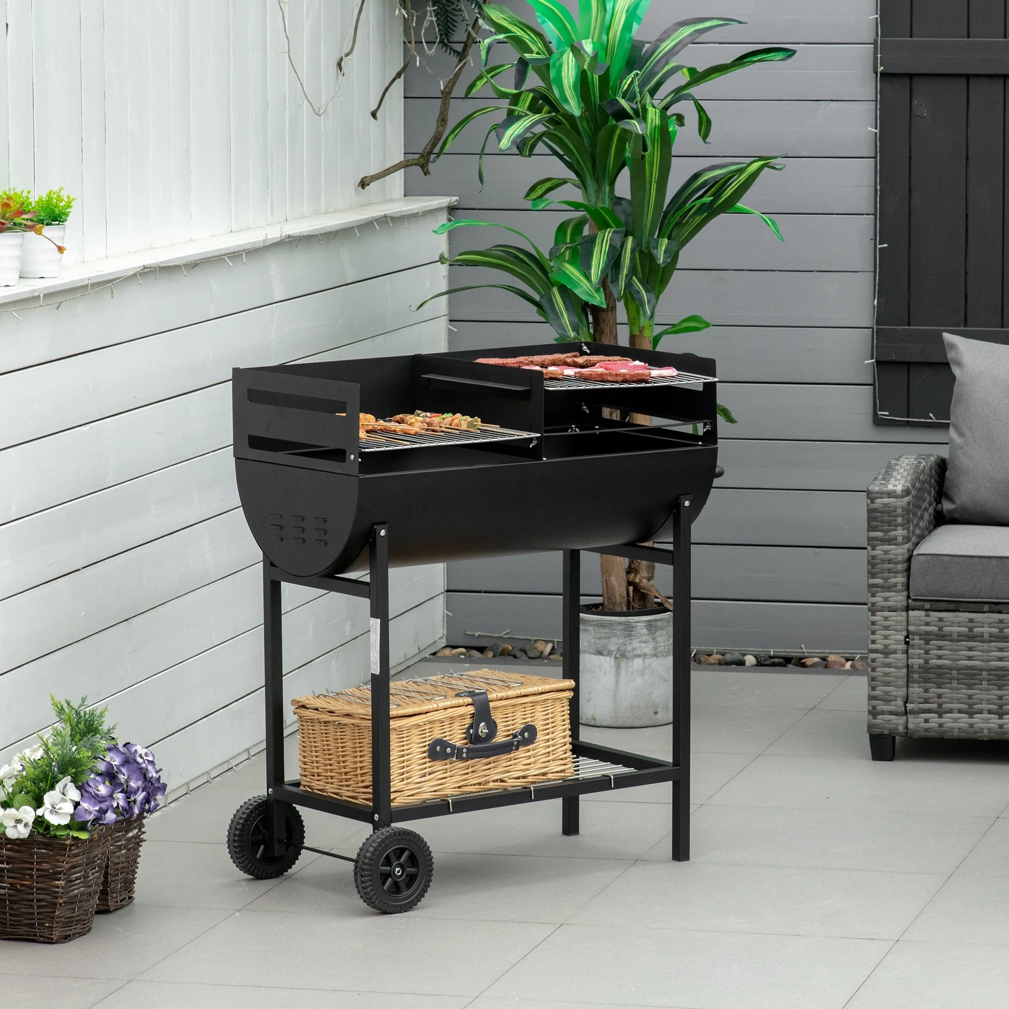 Easycomfort Barbecue in Acciaio con 2 Griglie Indipendenti, 2 Ruote e Ripiano Inferiore | Nero | 90cm x 45cm x 96cm