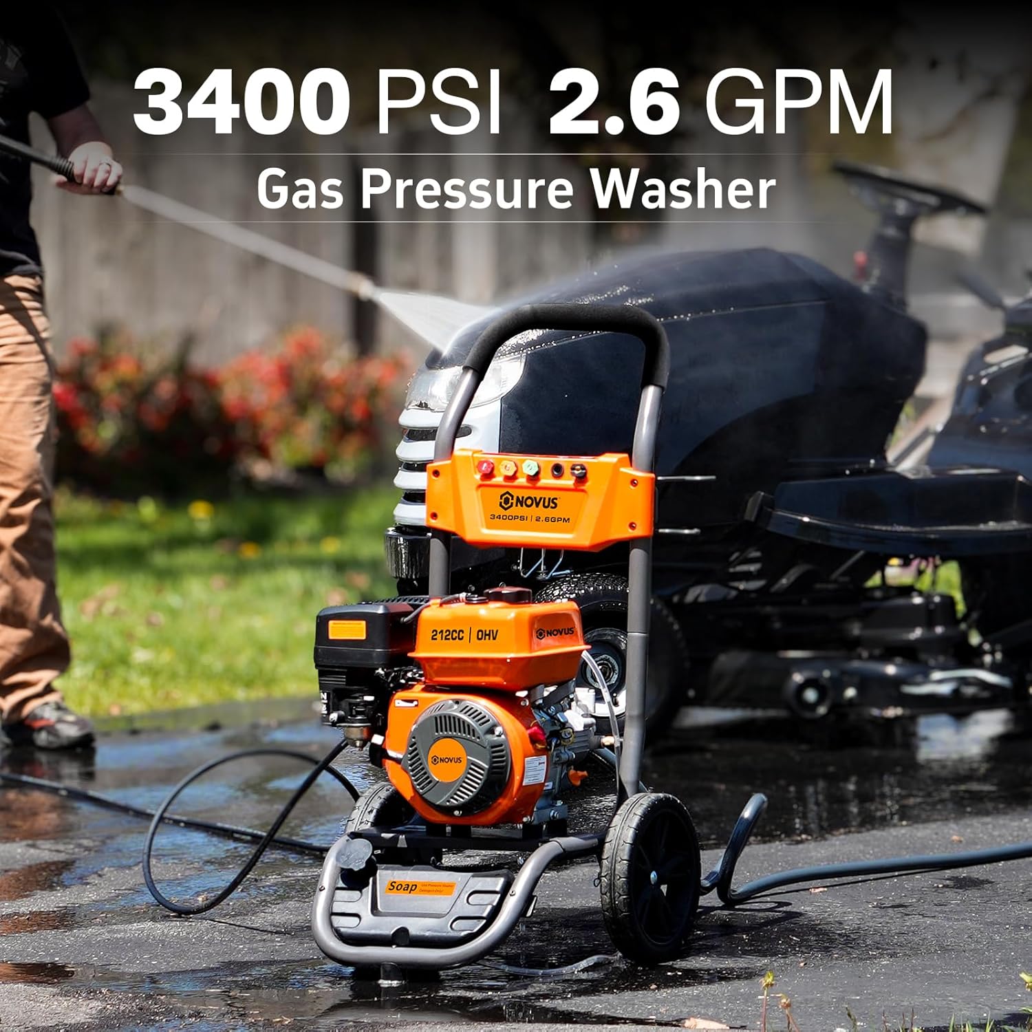 NOVUS Gas Pressure Washer 3400 PSI  2.6 GPM Power Washer with 30FT Extra-Long Hose  5 Nozzles  Onboard Soap Tank  212CC Engine  Spray Gun and Wand  for Vehicles Driveways Patios Fences Furniture