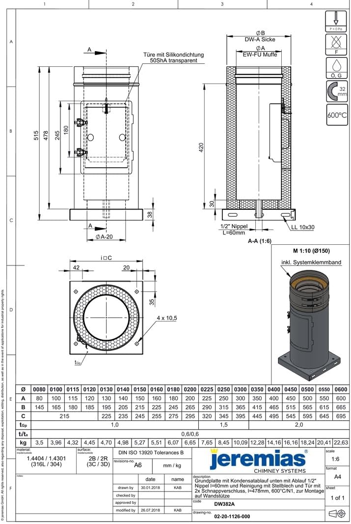 Jeremias DW-FU Revisionselement Ø 115 mm Edelstahl mit Grundplatte und Kondensatablauf für Außenbereich bis 600°C