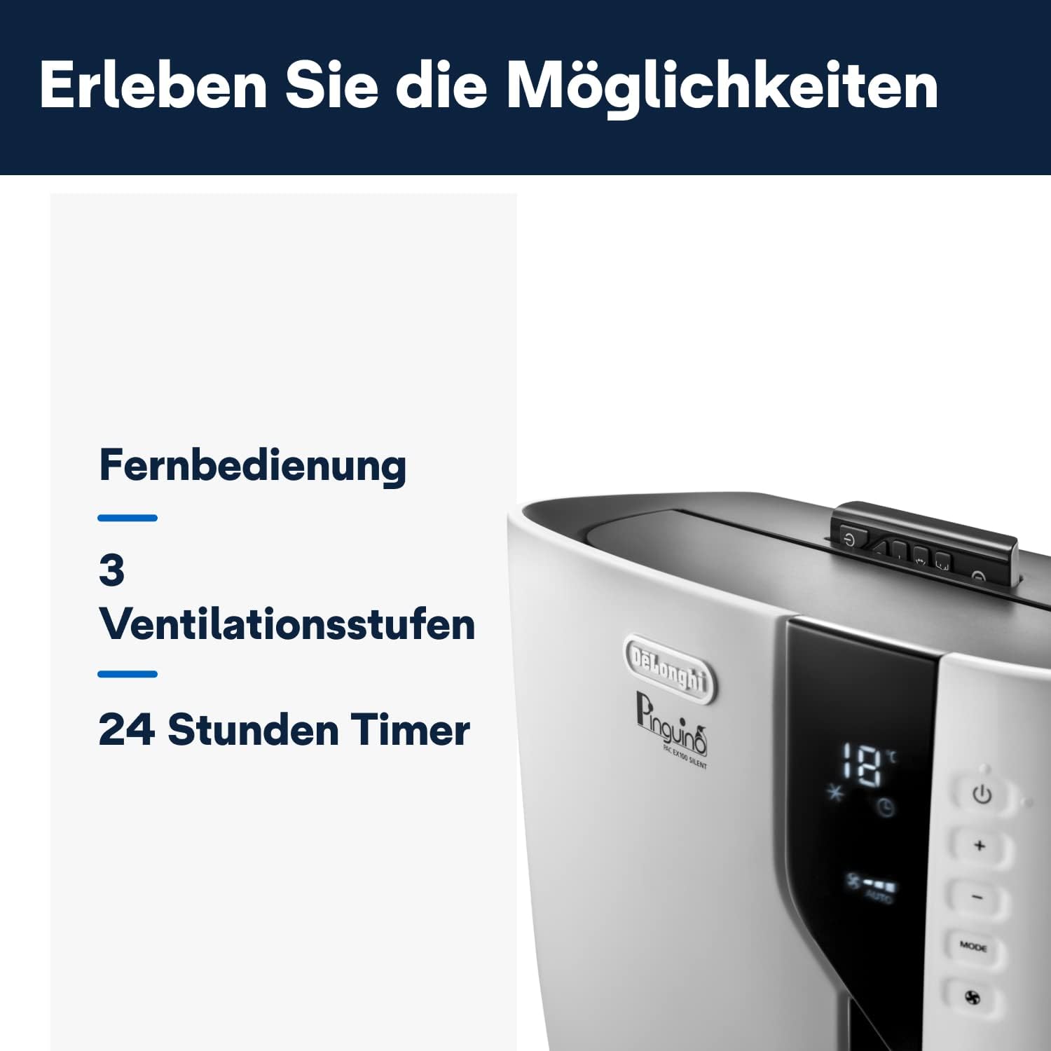 De'Longhi Pinguino PAC EX100 Silent mobiles Klimagerät mit Abluftschlauch, Klimaanlage für Räume bis 110 m³, Luftentfeuchter, Ventilationsfunktion, 24h-Timer, Weiß